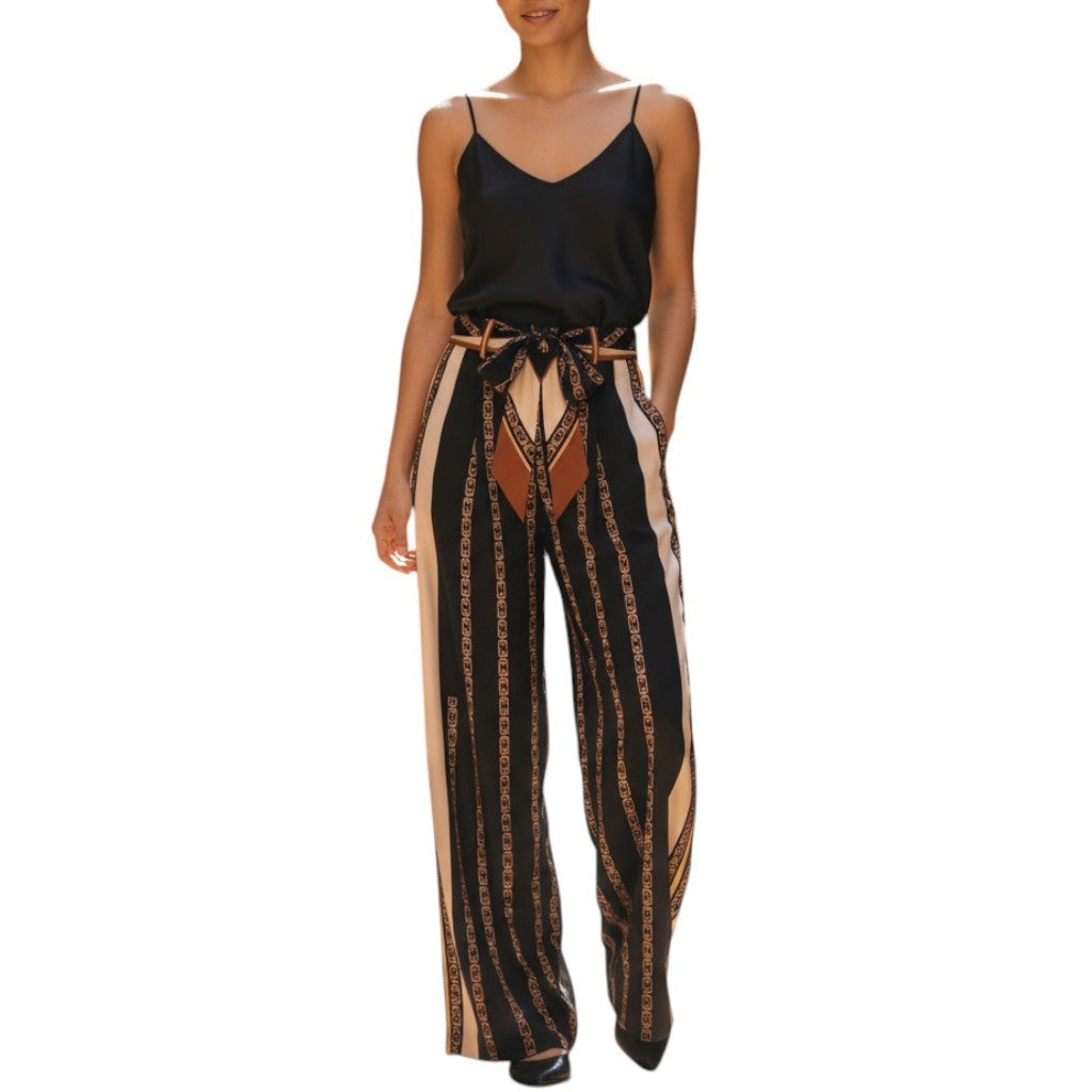 AI generated image of Woman wearing a black top and patterned pants on a white background