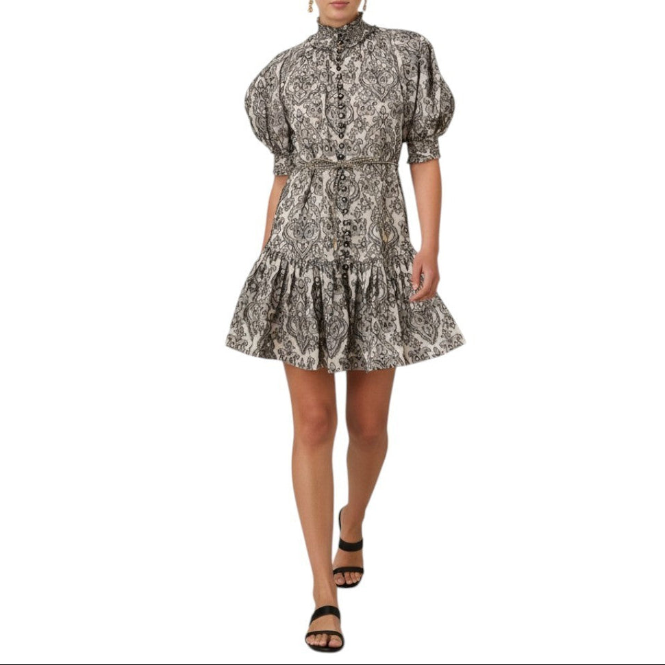 AI generated image of Woman wearing a patterned dress on a white background