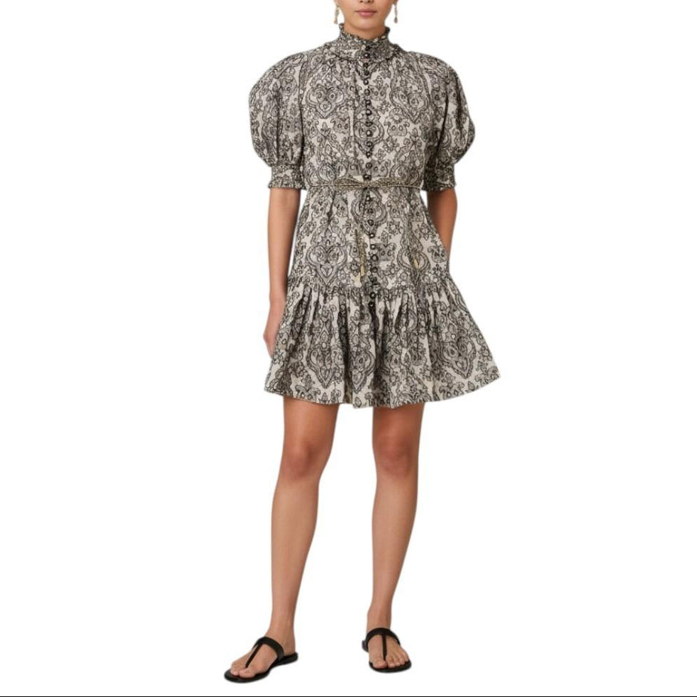 AI generated image of Woman wearing a patterned dress on a white background