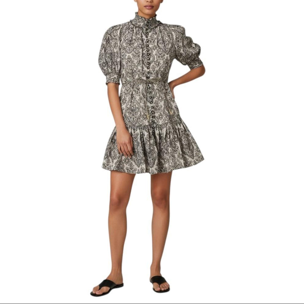 AI generated image of Woman wearing a patterned dress on a white background