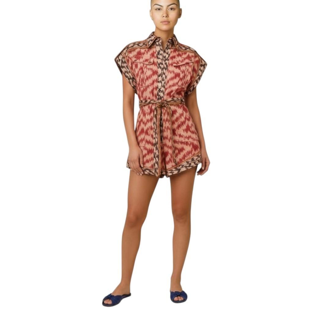 AI generated image of Woman wearing a patterned romper on a white background