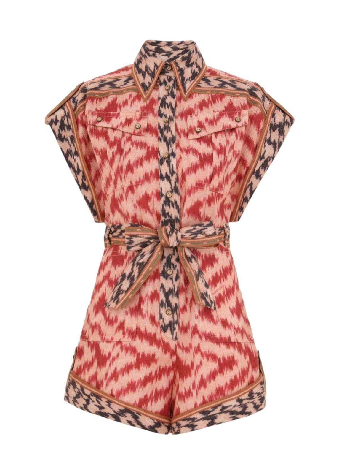 Zimmermann Wylie Pocket Playsuit | Red Ikat Print Jumpsuit, Linen, Shorts