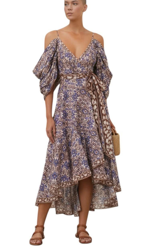 AI generated image of Woman wearing a floral dress with ruffled sleeves on a white background