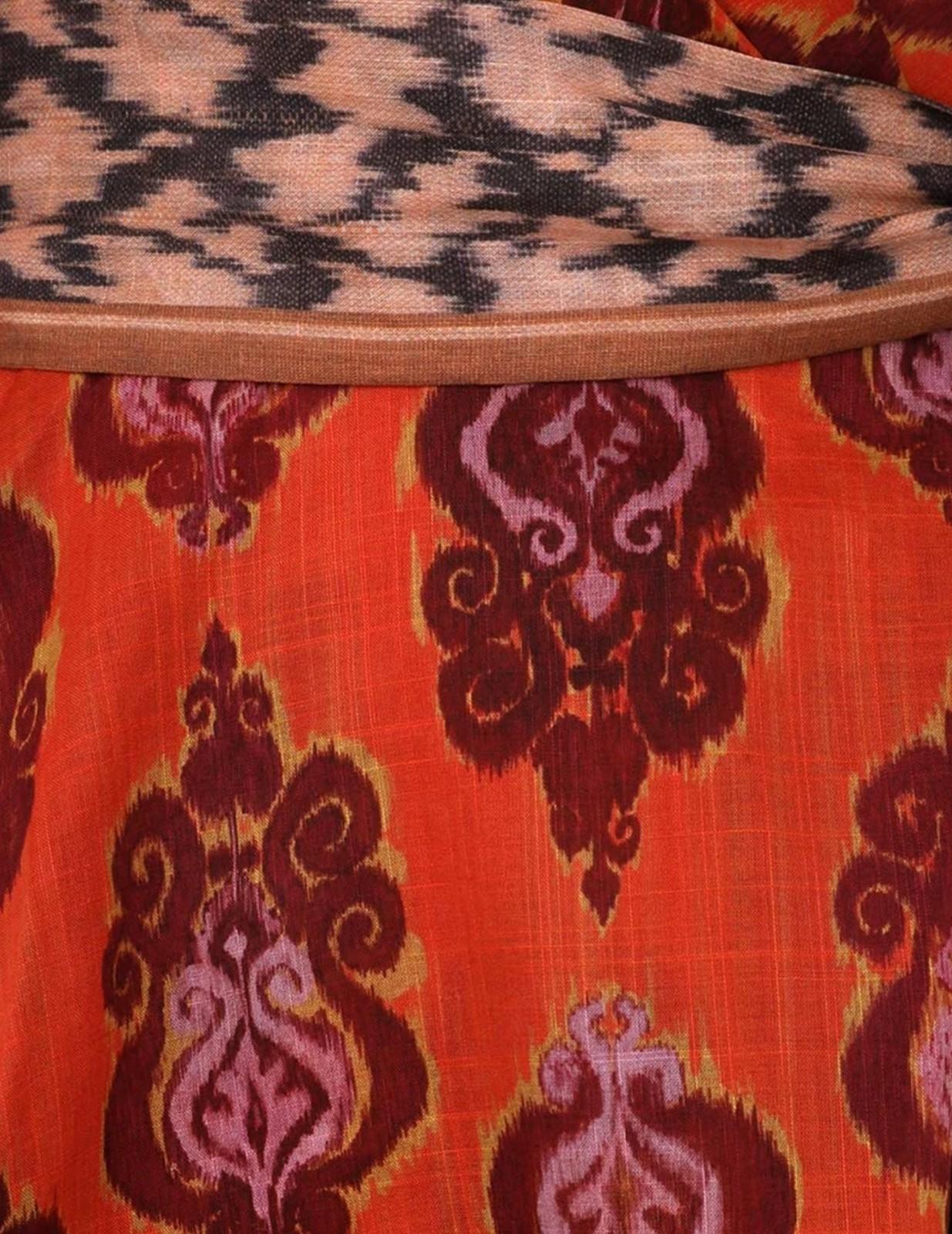Close-up of a patterned fabric with a geometric design on a red background