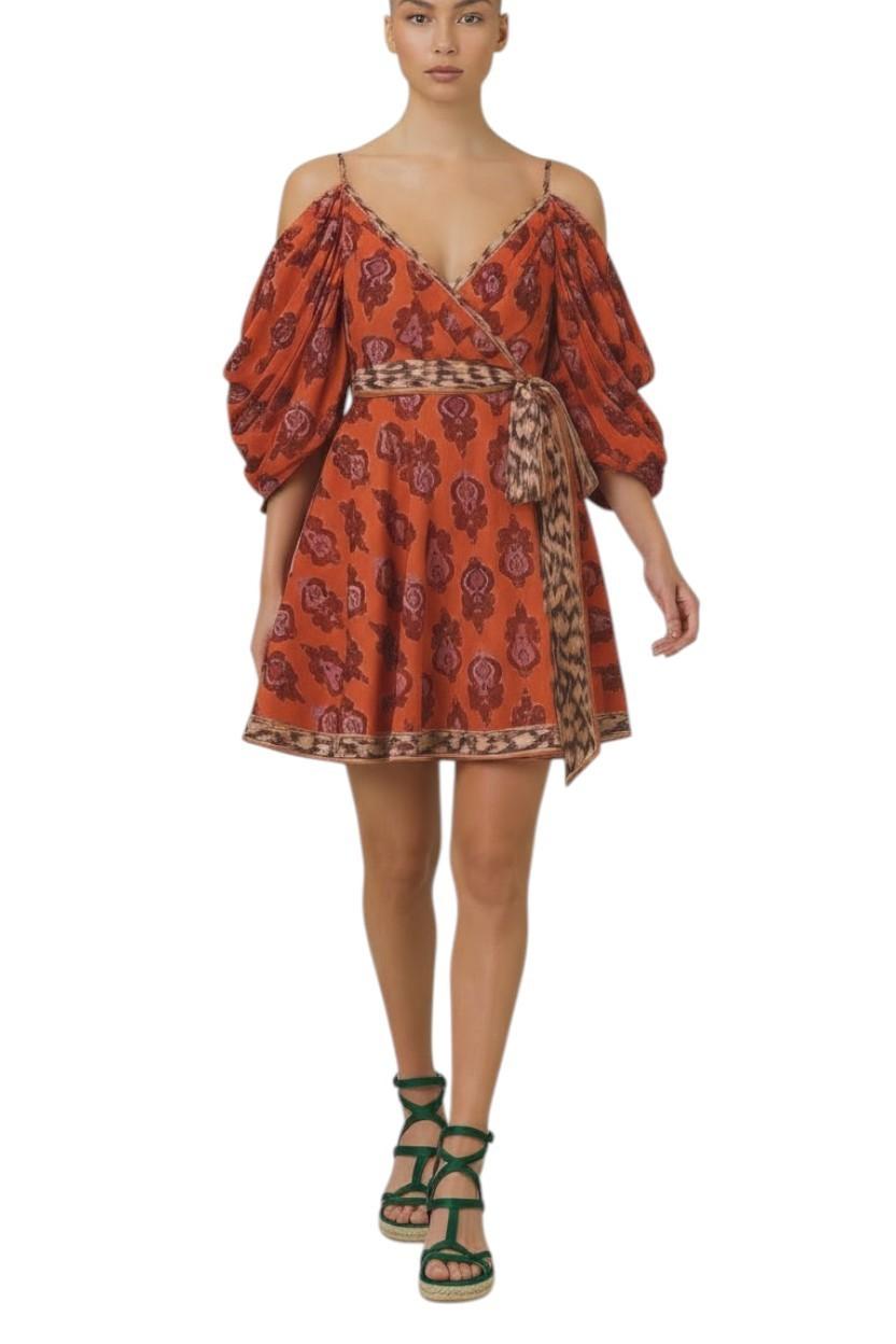 AI generated image of Woman wearing a patterned dress with puff sleeves on a white background