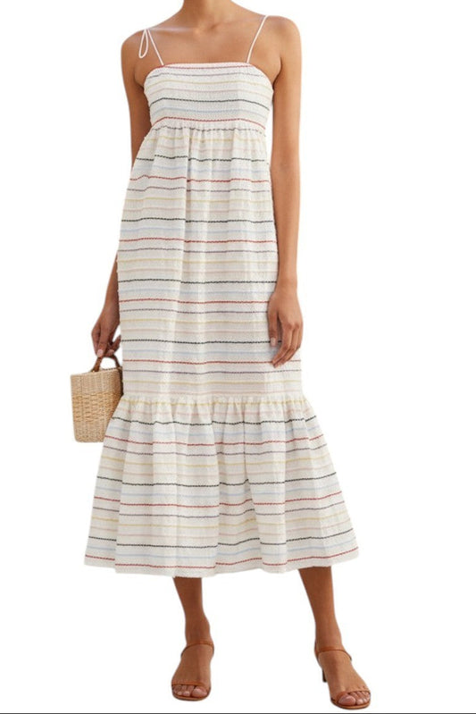 AI generated image of Woman wearing a striped dress holding a woven bag on a white background