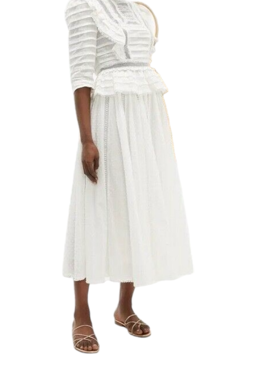 Zimmermann Suraya Lace Insert Skirt | Midi, Fringe, Cotton, White, Dots $600 RRP