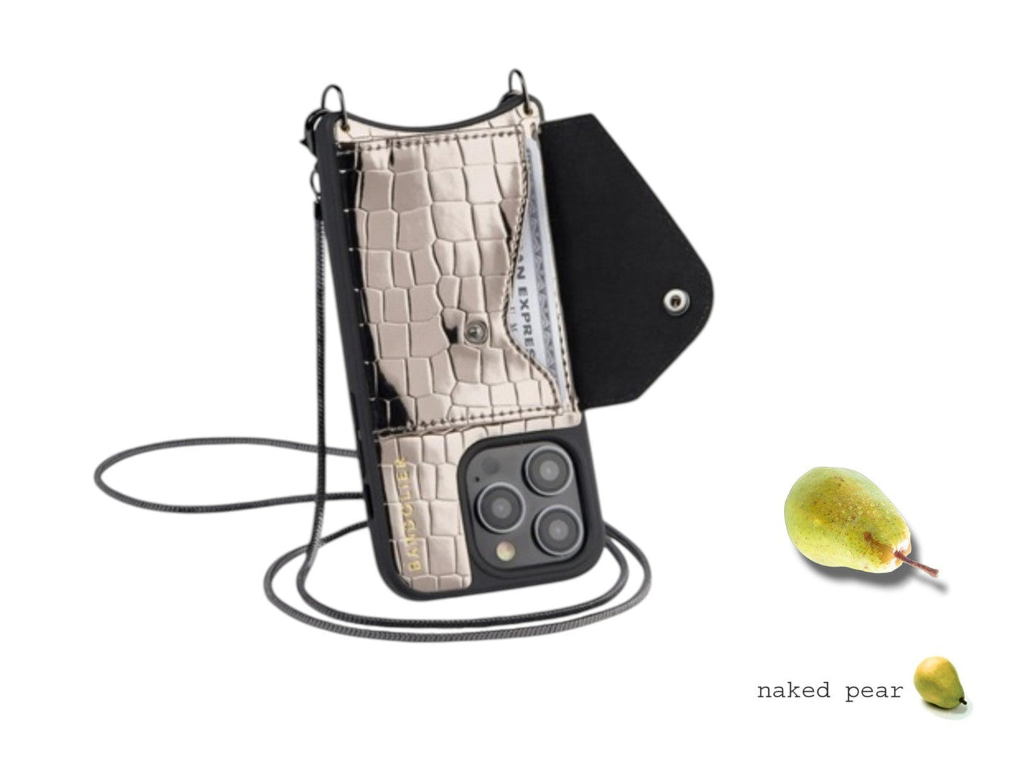 Naked Pear Bandolier GIA metallic pewter croc-embossed iPhone 15 Pro crossbody case with wallet and strap