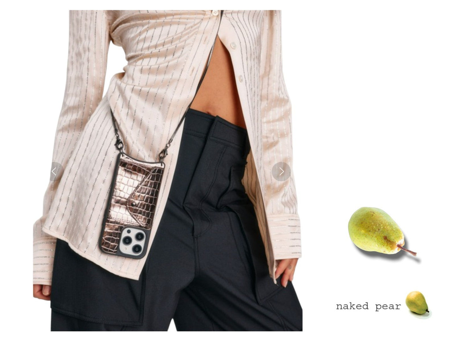 Naked Pear Bandolier Gia crossbody iPhone 15 Pro case in metallic pewter croc-embossed leather with a chain strap
