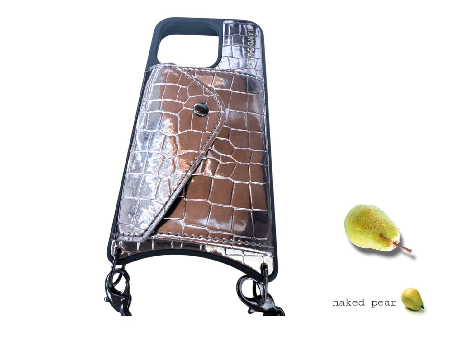 Naked Pear Bandolier GIA iPhone 15 Pro crossbody case in metallic pewter croc-embossed leather with wallet pocket.