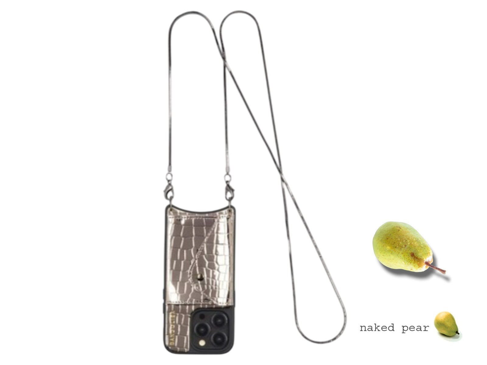 Naked Pear Bandolier GIA iPhone 15 Pro crossbody case in metallic pewter croc-embossed leather with a wallet strap.
