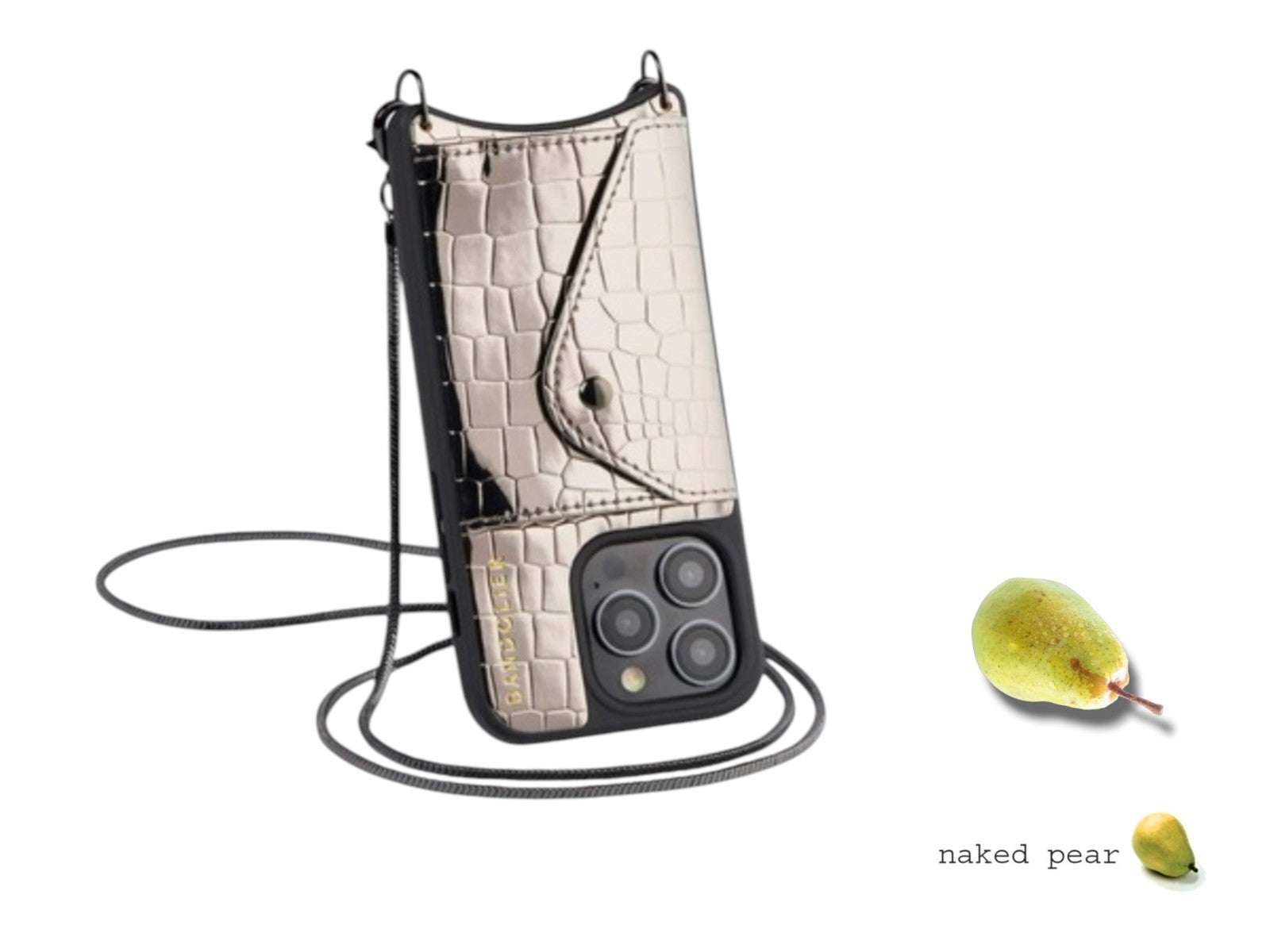 Naked Pear Bandolier GIA crossbody iPhone 15 Pro case in metallic pewter croc-embossed leather with wallet and strap