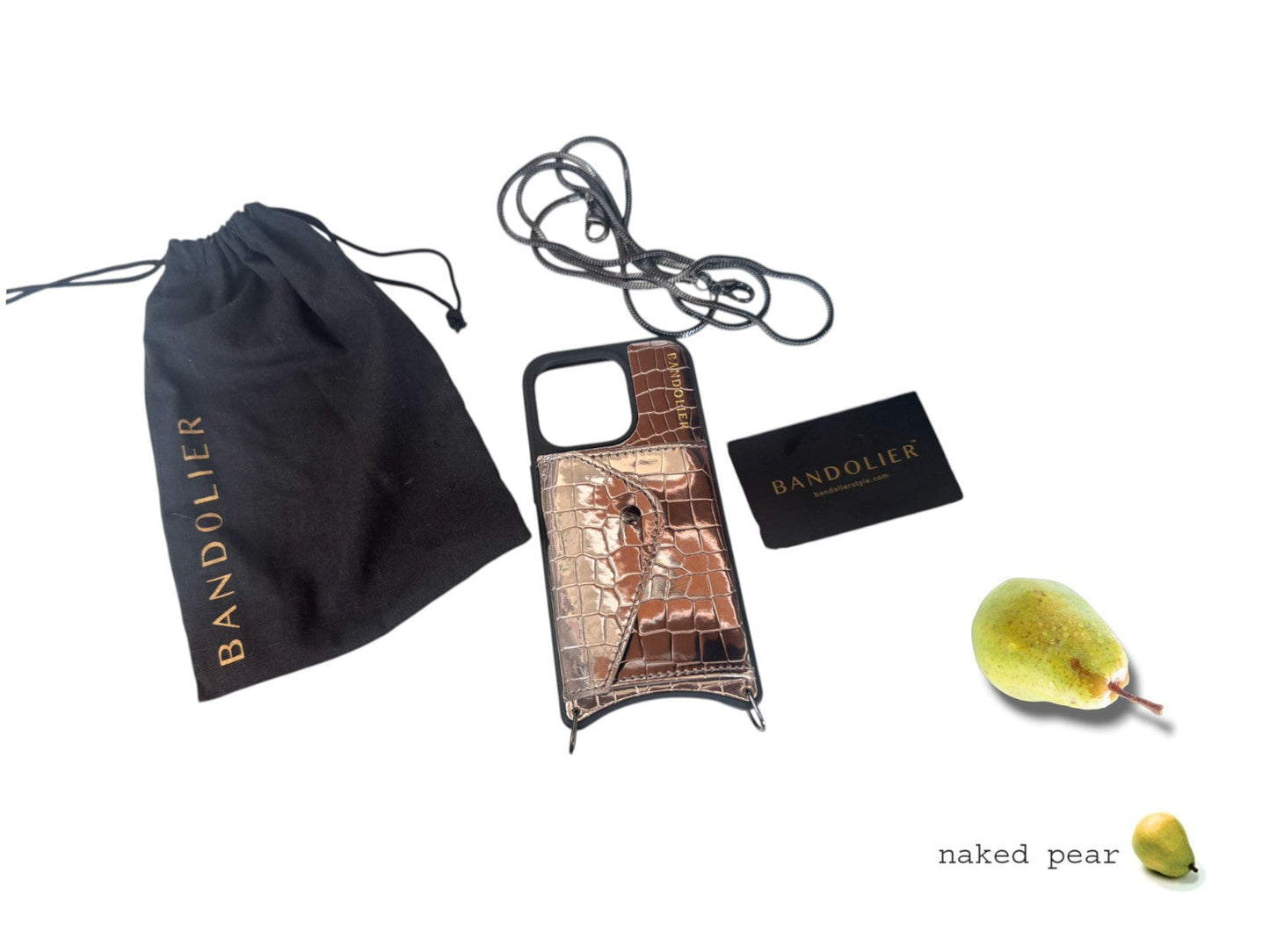 Naked Pear Bandolier Gia iPhone 15 Pro crossbody case in metallic pewter croc-embossed leather with detachable strap
