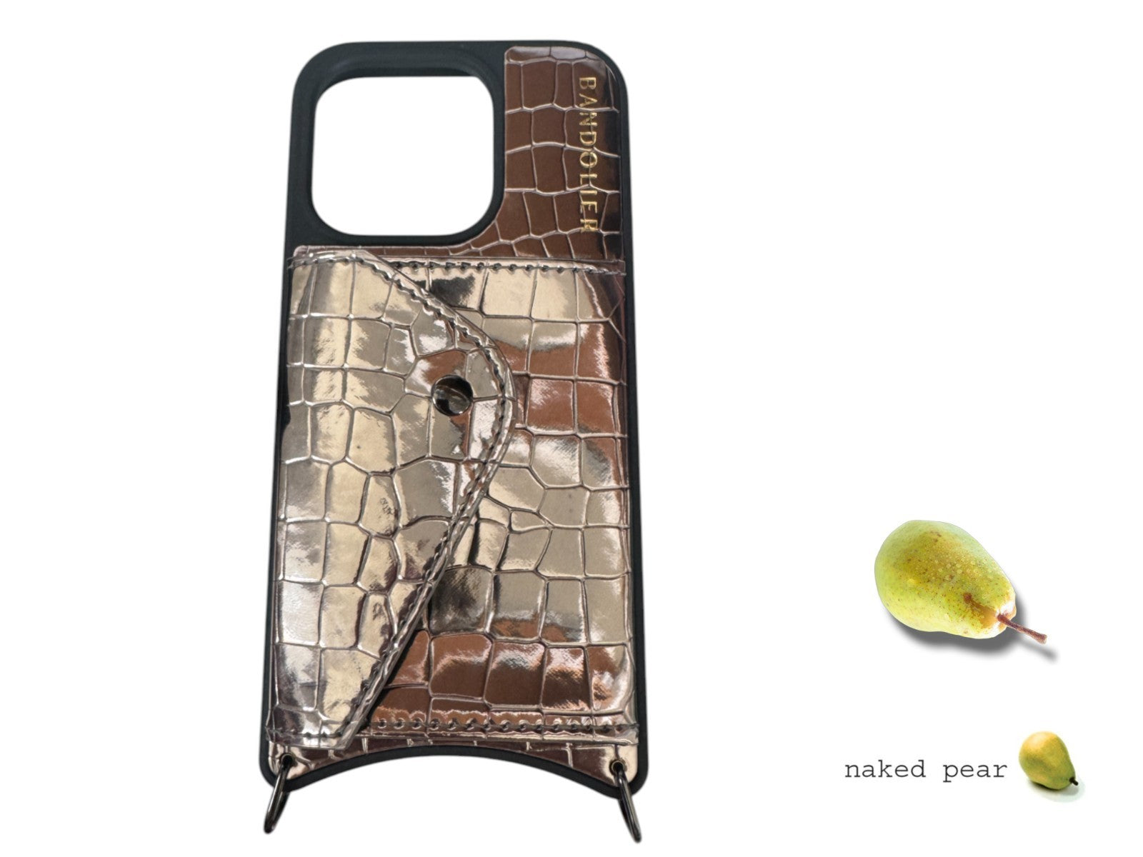 Naked Pear Bandolier GIA iPhone 15 Pro crossbody case in metallic pewter croc-embossed leather with wallet pocket.
