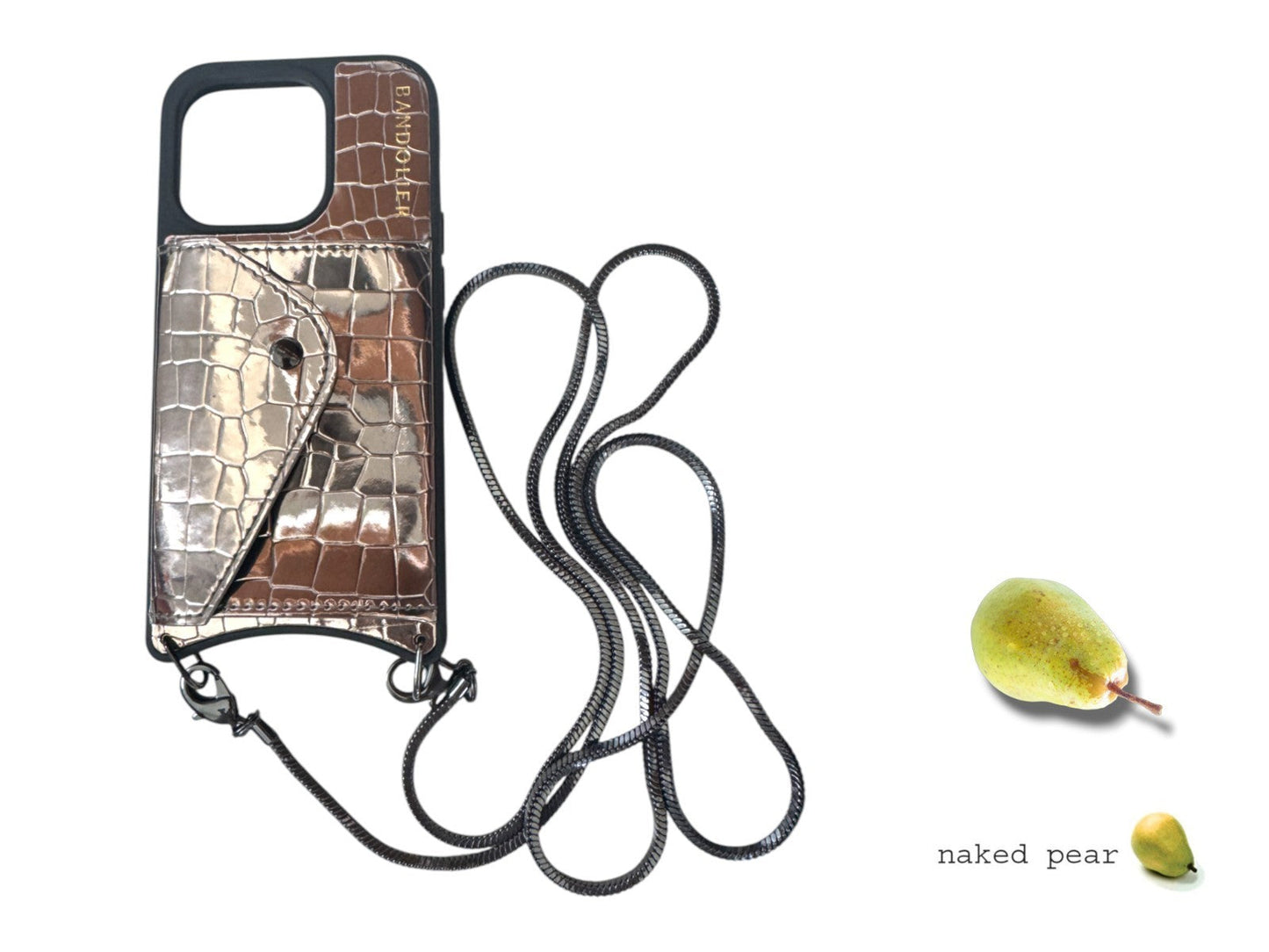 Naked Pear Bandolier metallic pewter croc-embossed iPhone 15 Pro crossbody case with wallet and detachable strap