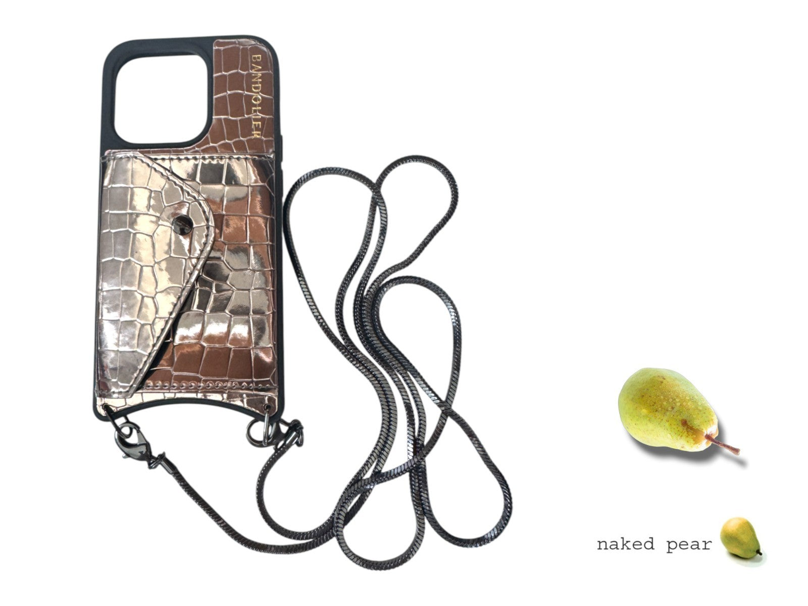 Naked Pear Bandolier metallic pewter croc-embossed iPhone 15 Pro crossbody case with wallet and detachable strap