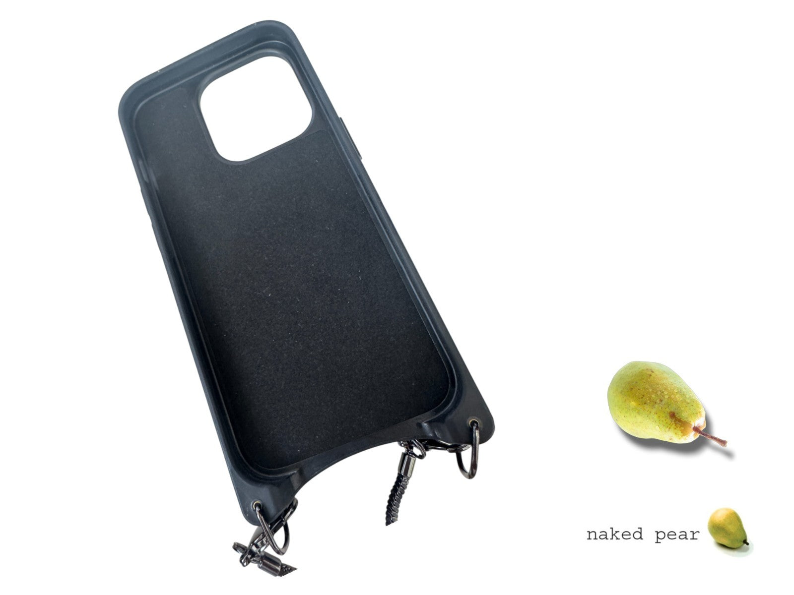 Naked Pear Bandolier GIA crossbody iPhone 15 Pro case with black bumper and metallic hardware