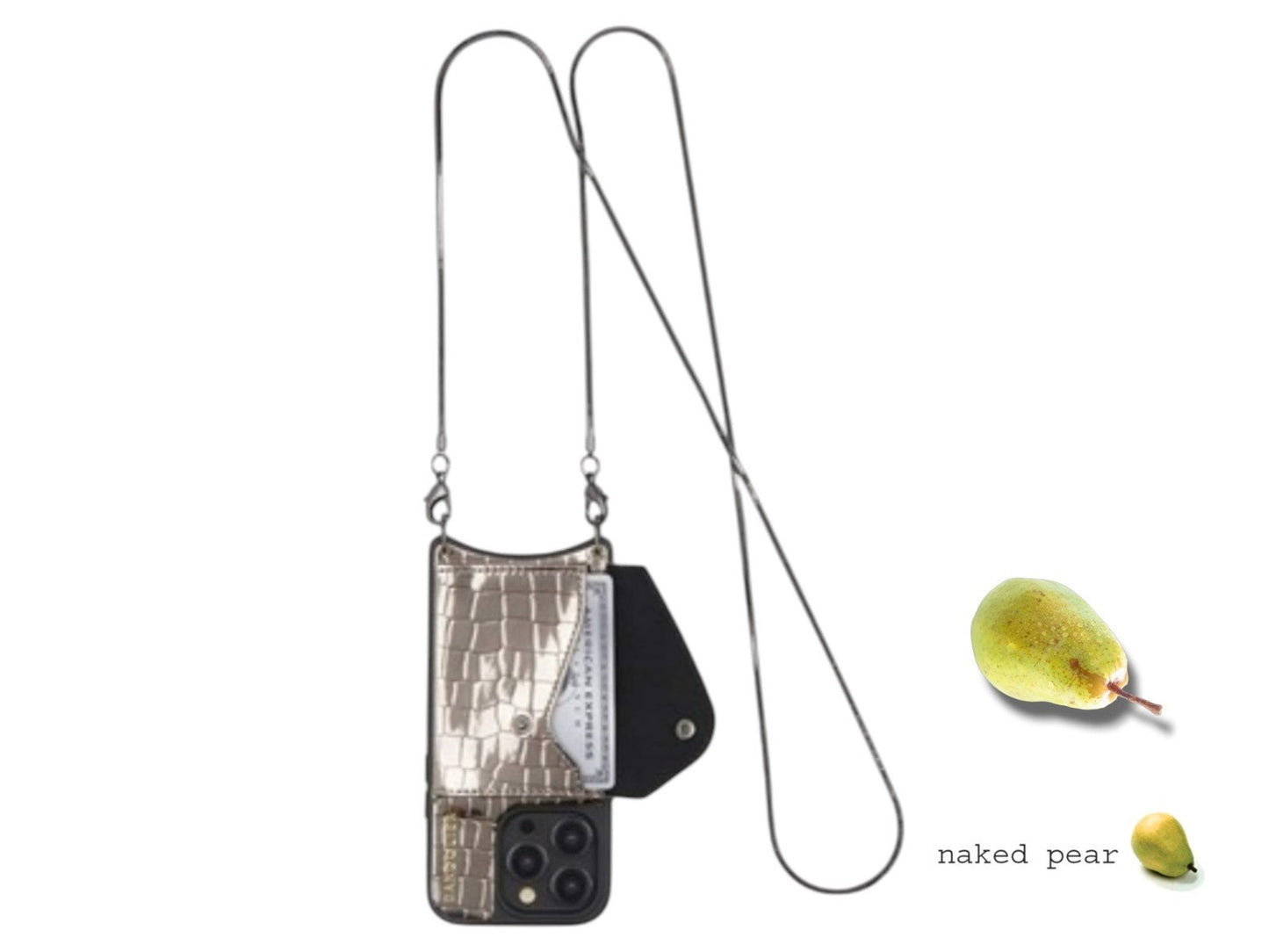 Naked Pear Bandolier metallic pewter croc-embossed iPhone 15 Pro crossbody case with wallet and detachable strap