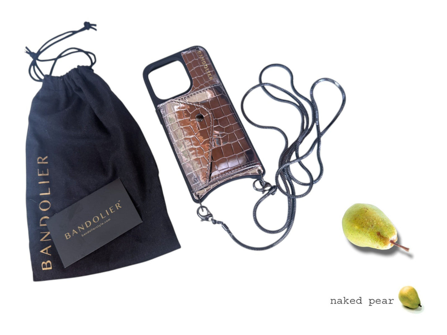 Naked Pear Bandolier metallic pewter croc-embossed iPhone 15 Pro crossbody case with wallet and detachable strap