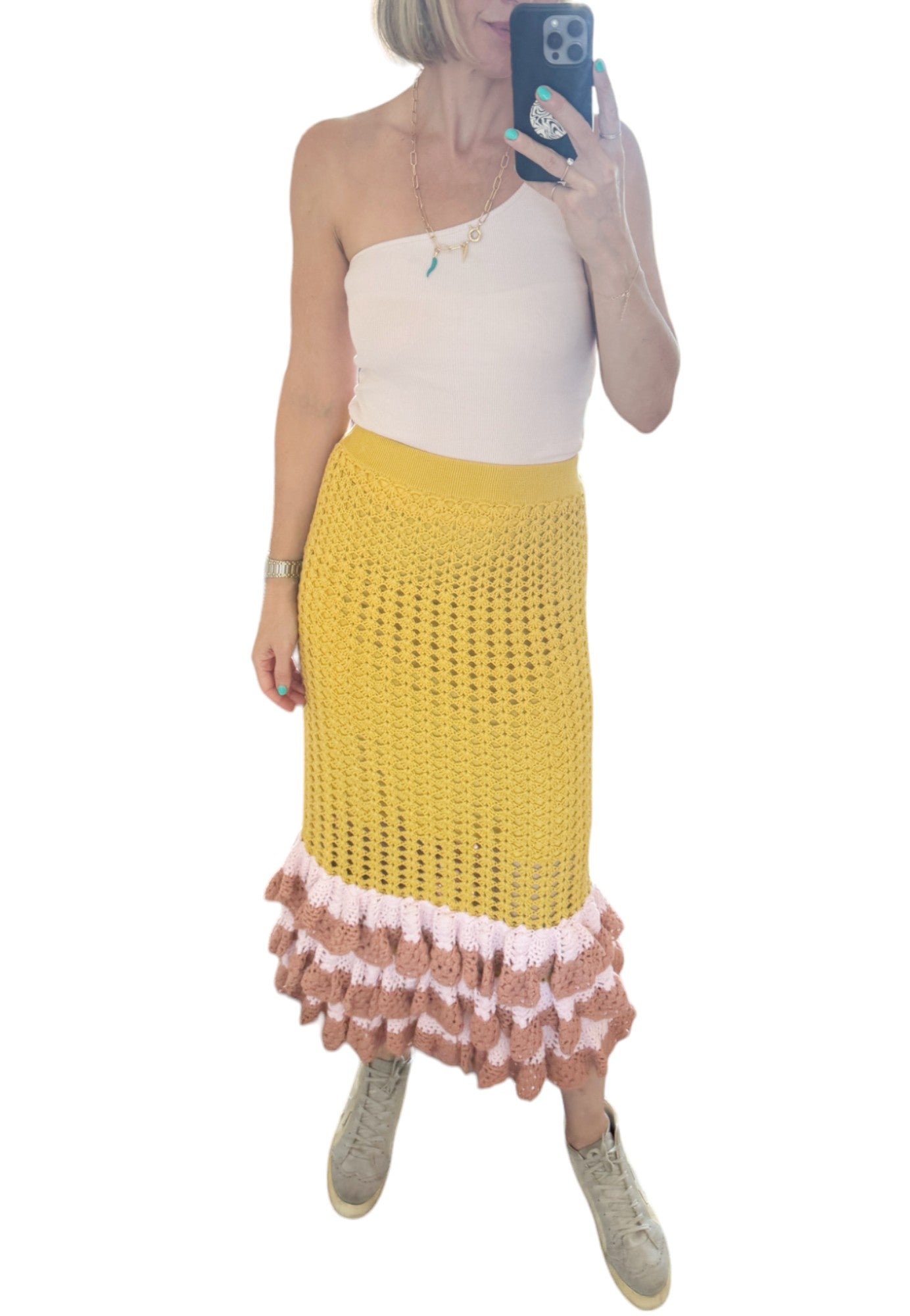 Zimmermann Laurel Crochet Midi Skirt |Mustard/Yellow/Pink, Cotton, Lined, Tiered