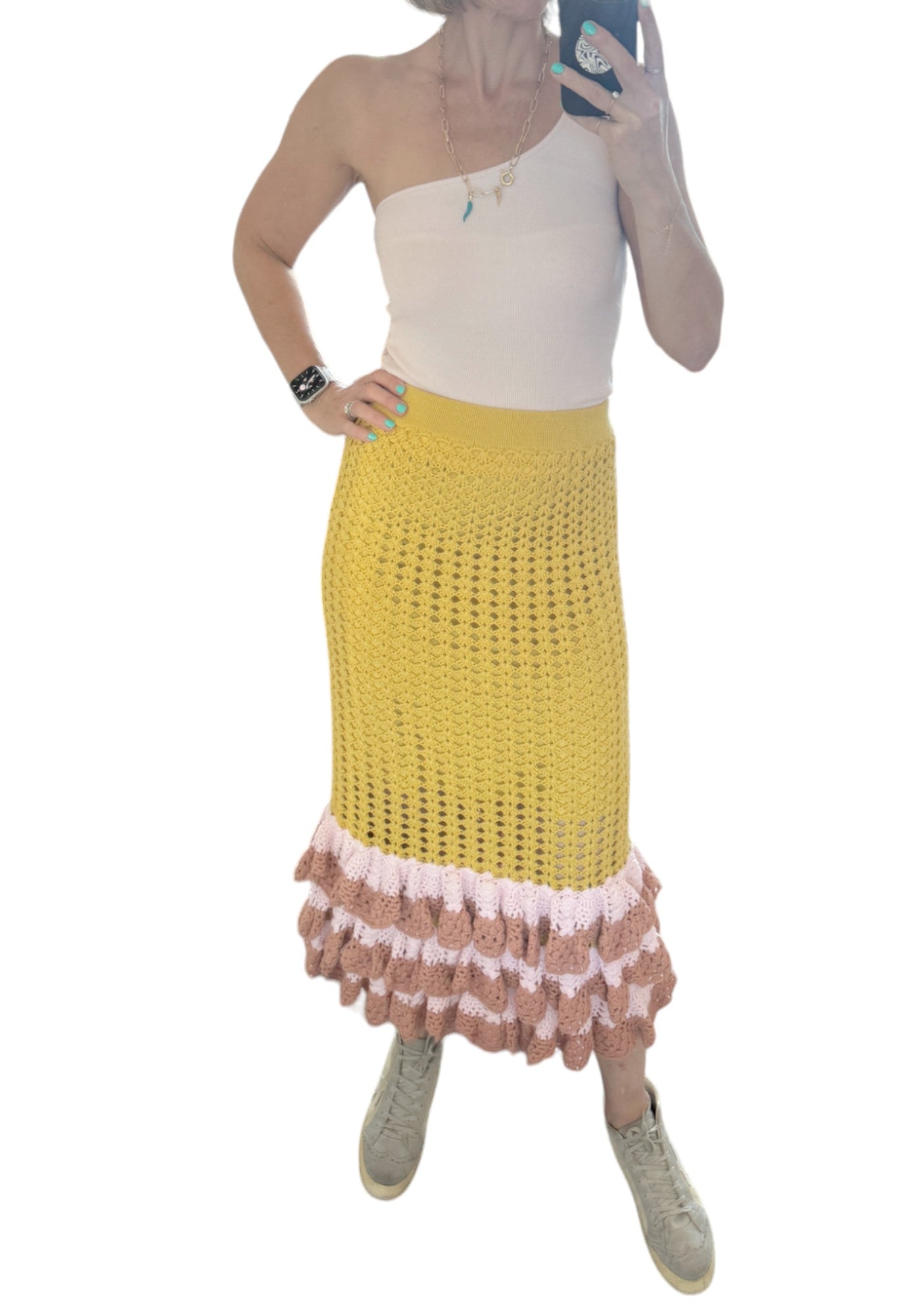 Zimmermann Laurel Crochet Midi Skirt |Mustard/Yellow/Pink, Cotton, Lined, Tiered