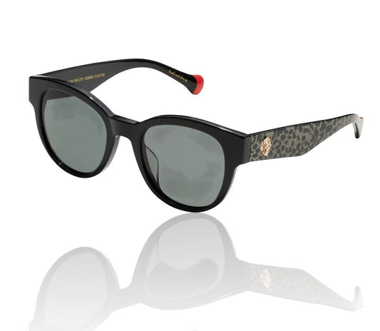 Naked Pear Camilla Sunday In the City round sunglasses with black glitter frames and leopard print temples
