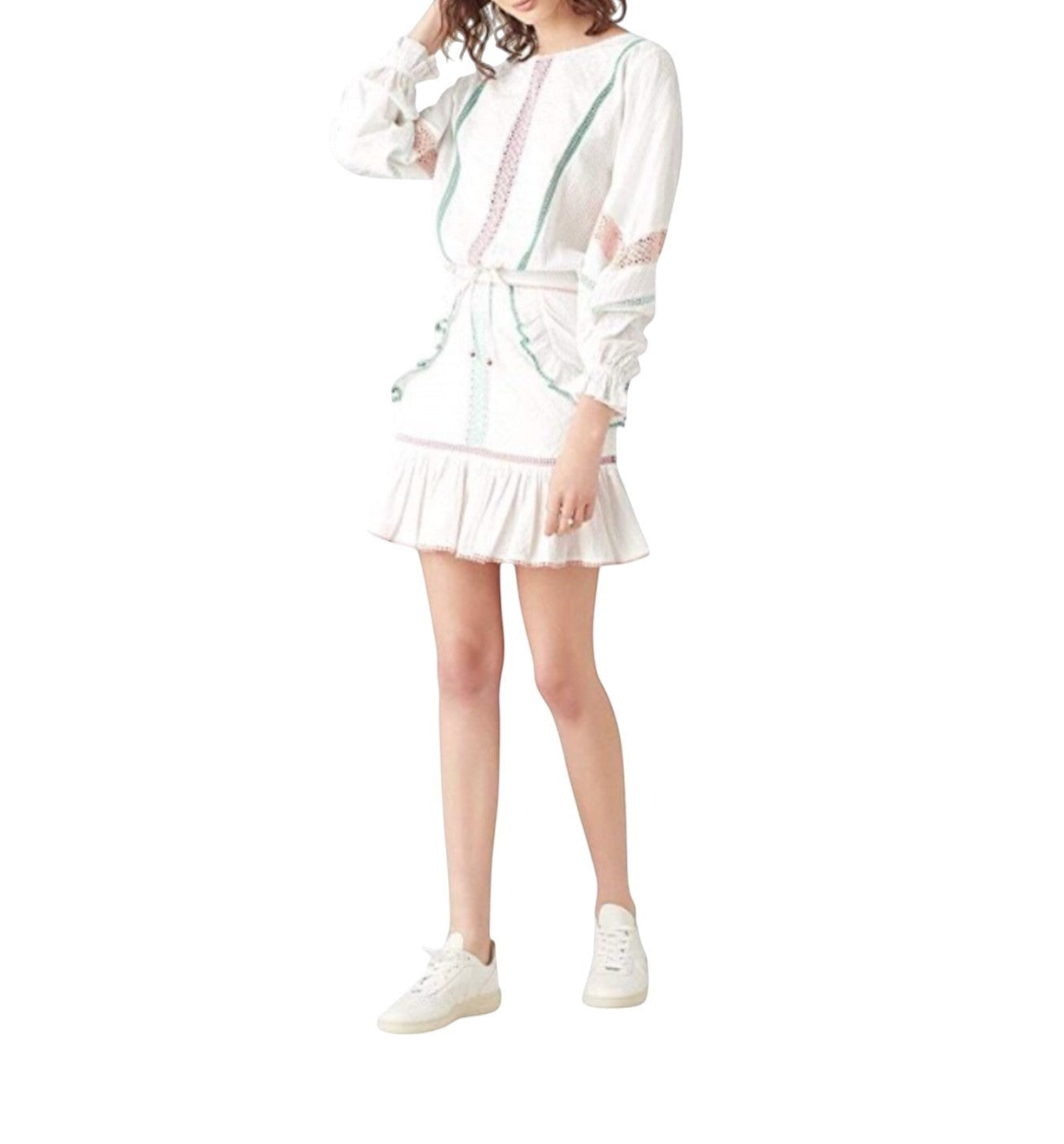 Naked Pear Tigerlily Namita white cotton mini skirt with embroidered mint green panels and pink frill trim details