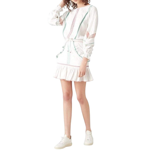 Naked Pear Tigerlily Namita white cotton mini skirt with embroidered mint green panels and pink frill trim details