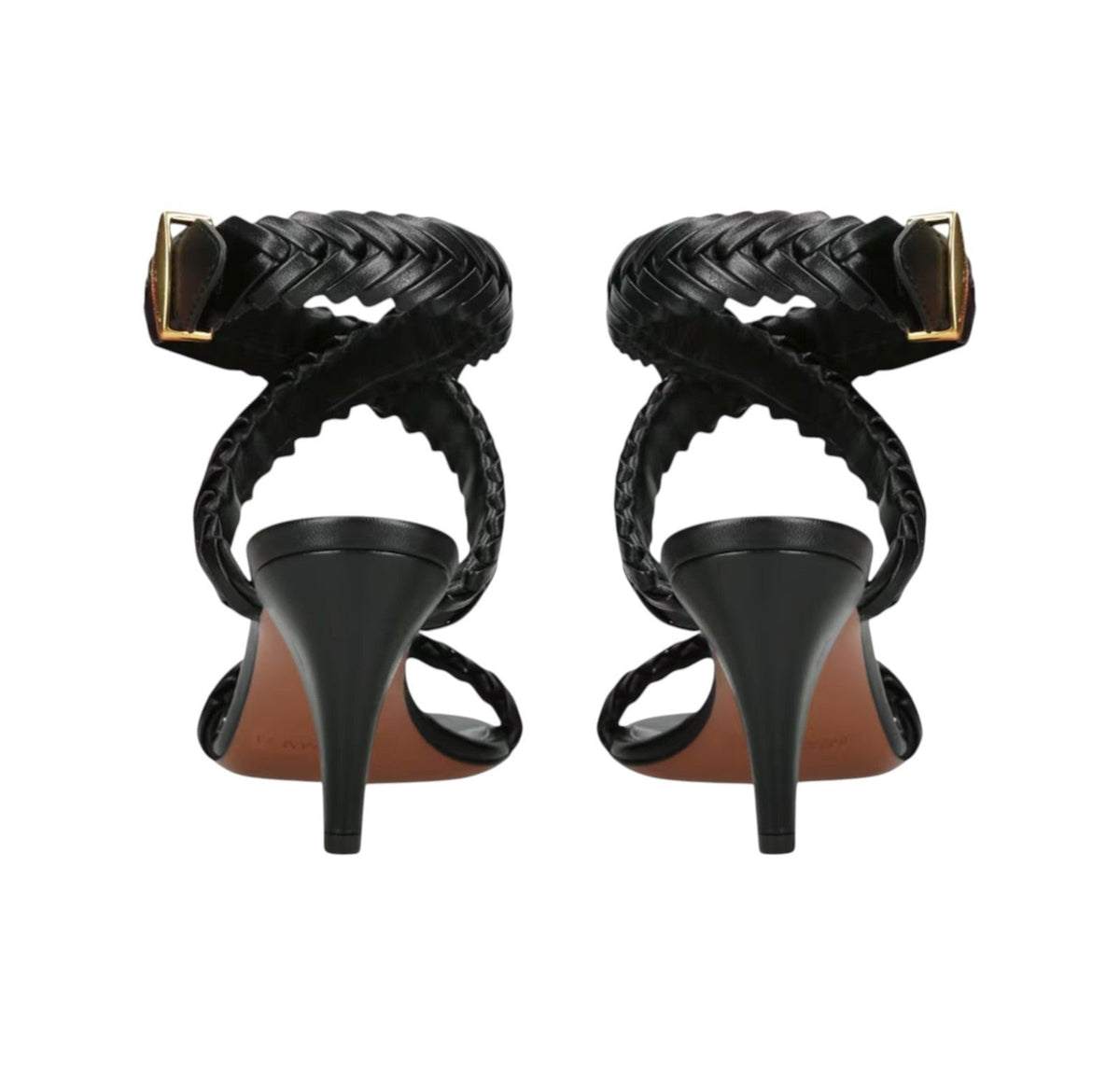 Naked Pear Zimmermann Helix 75 black calf leather sandals featuring braided straps and a sculptural cone heel