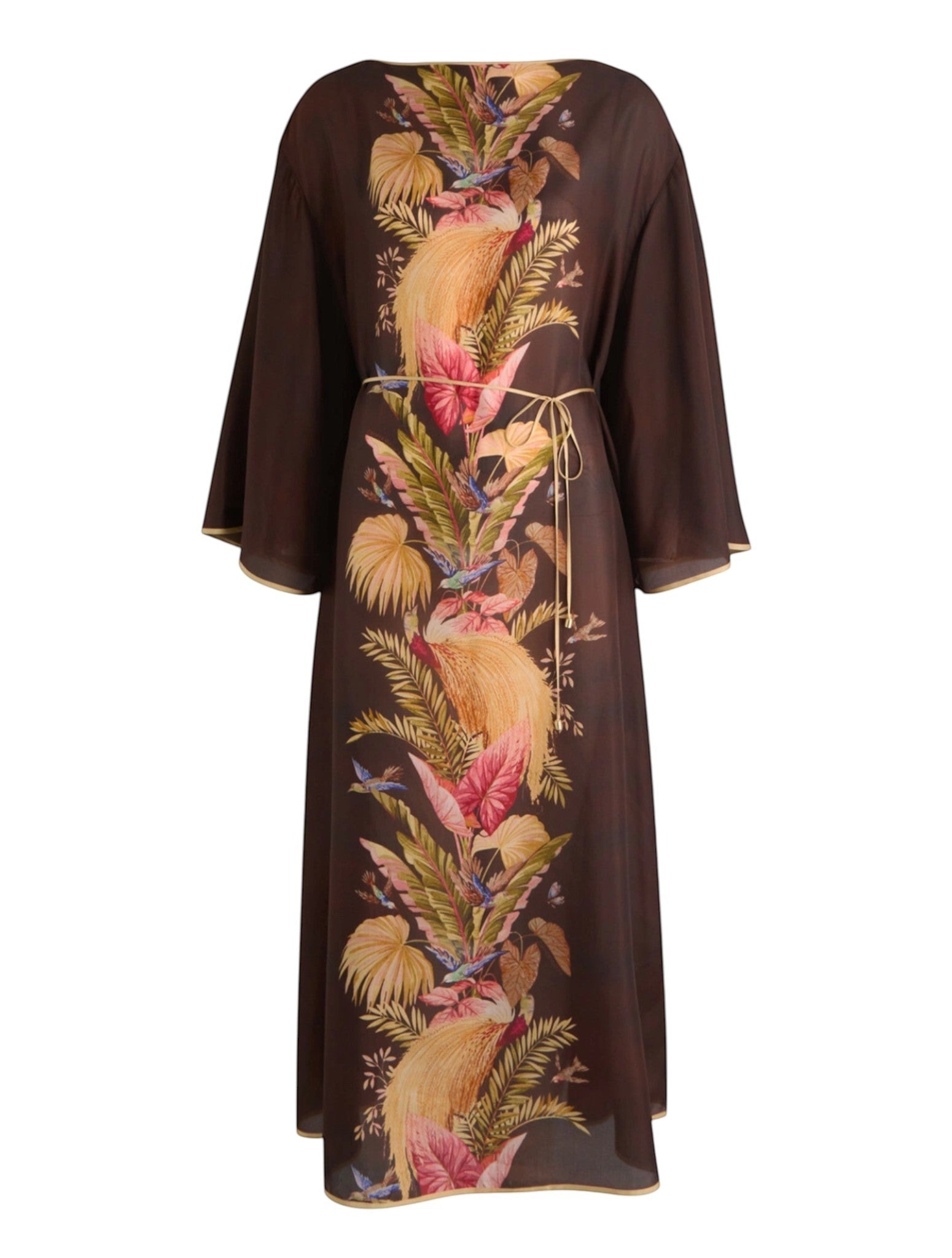Naked Pear Zimmermann burgundy silk midi tunic dress with palm floral print, wide sleeves, and self-tie waist belt.
