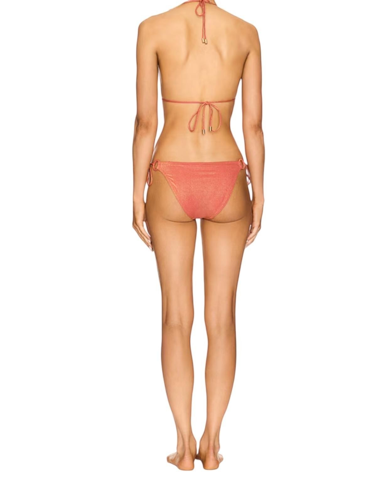 Naked Pear Zimmermann Tallow metallic burnt orange triangle bikini with side-tie low-rise bottoms, back view.