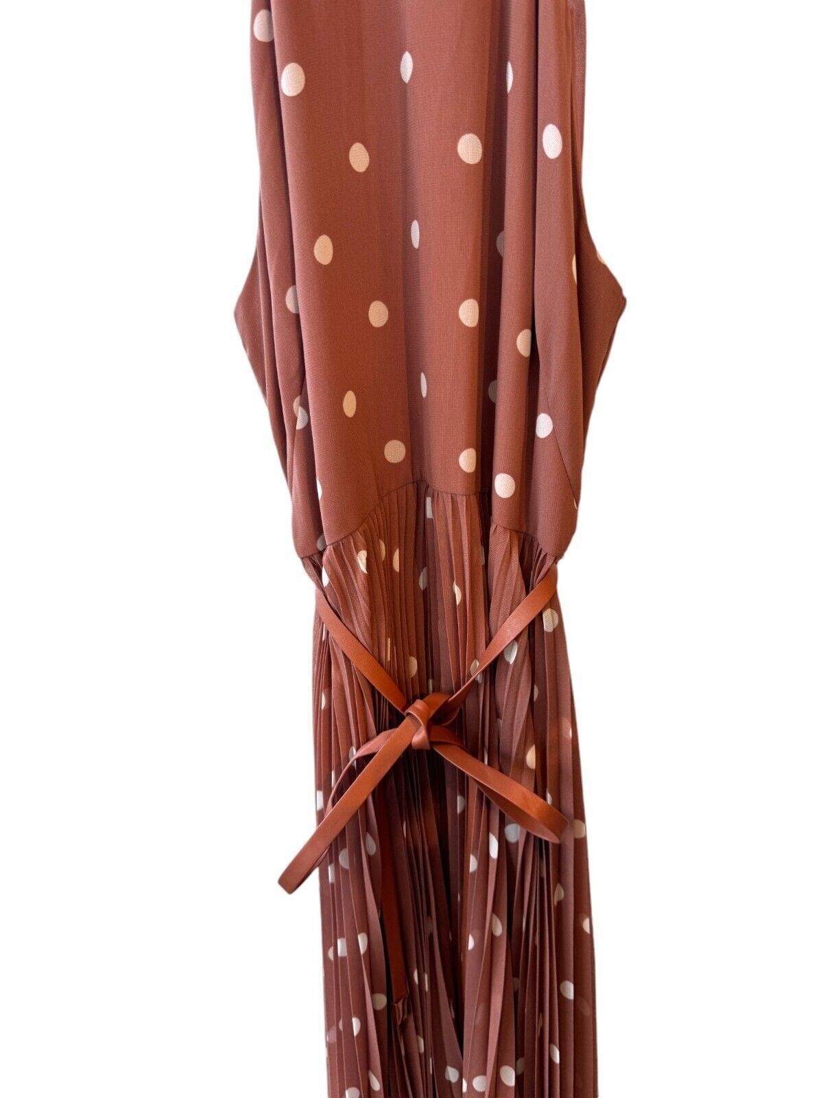 Naked Pear Zimmermann Sunray Picnic midi dress in aragon and cream polka dot with a pleated skirt and leather belt