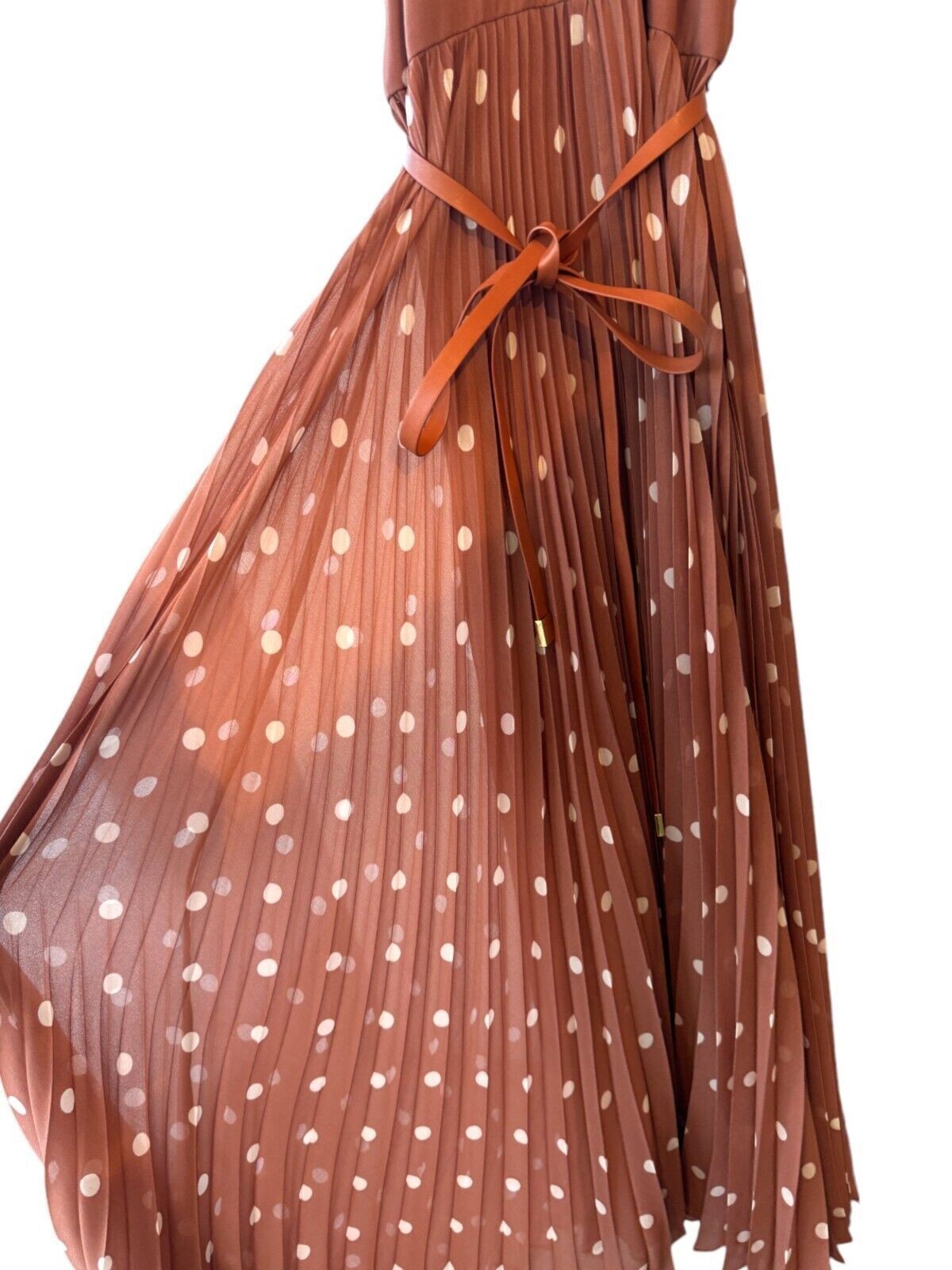 Naked Pear Zimmermann Sunray Picnic midi dress in aragon cream polka dot with a pleated skirt and leather tie belt