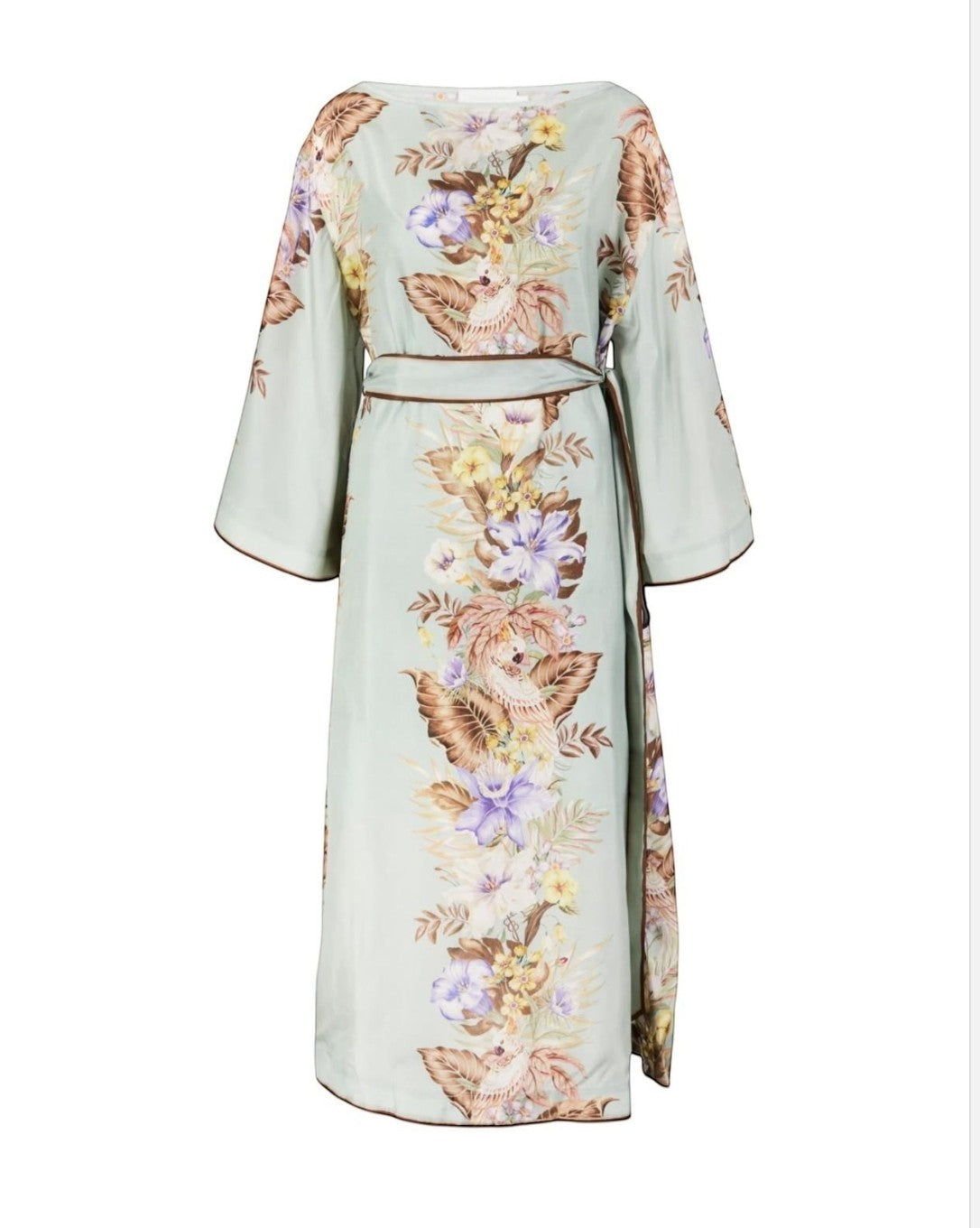 Naked Pear Zimmermann silk midi tunic dress in sage floral print with wide sleeves and a self-tie waist belt.