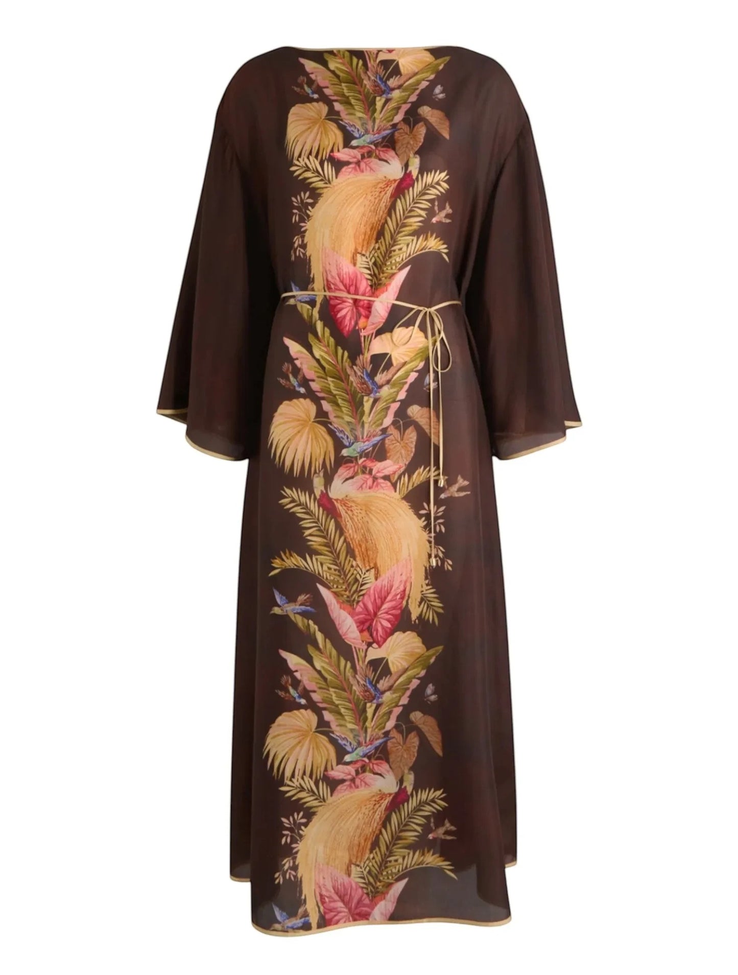 Naked Pear Zimmermann silk midi tunic dress in burgundy palm floral print with wide sleeves and a self-tie waist belt.