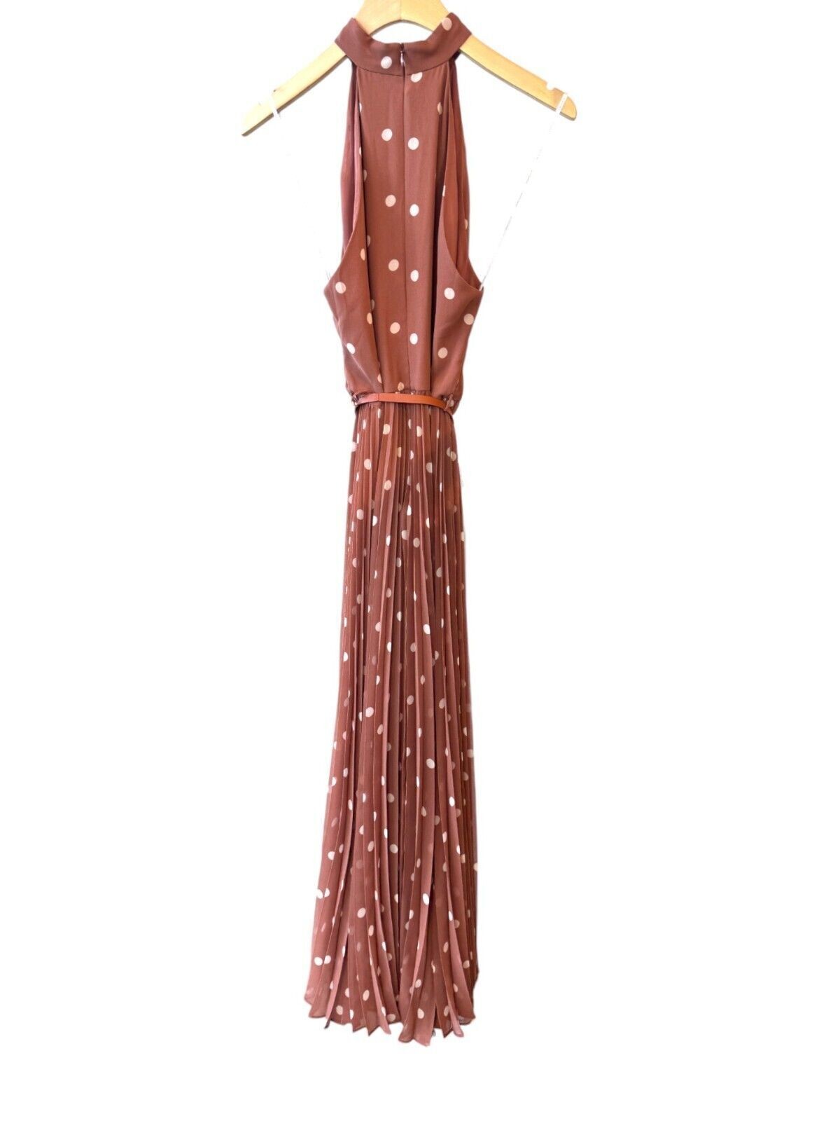 Naked Pear Zimmermann Sunray midi dress in aragon cream polka dot with a high neck and leather tie belt