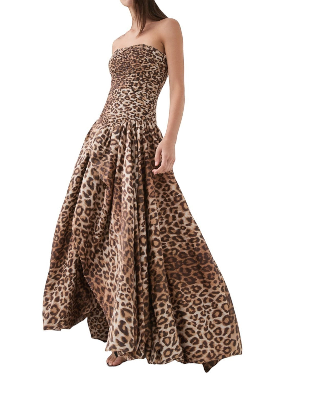 Naked Pear Aje Behold strapless leopard print maxi dress with a ruched bodice and asymmetrical high-low bubble hem.