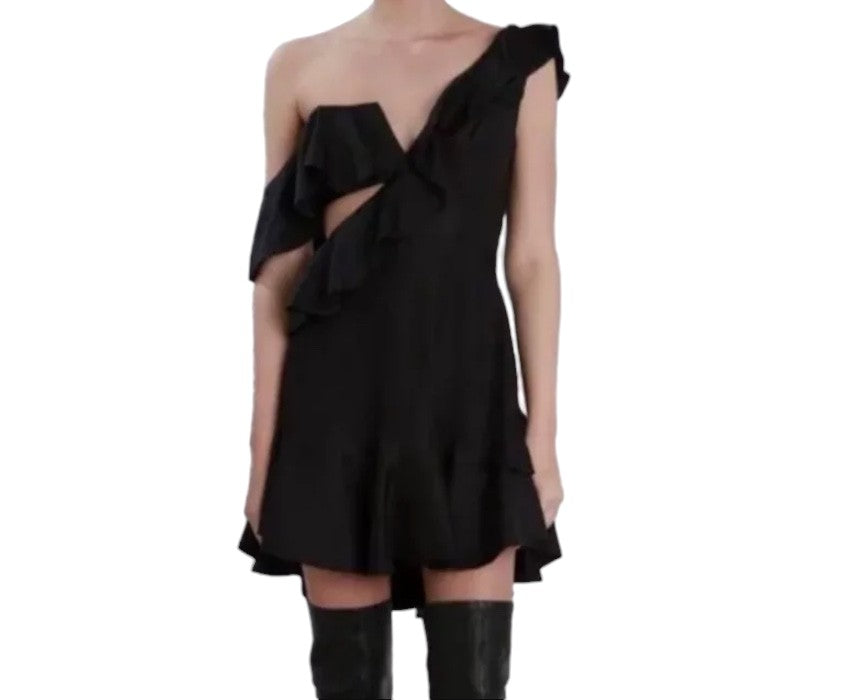 Zimmermann Rife Flounce Dress Black Mini Cut Out One Shoulder Naked Pear Zimmermann Rife Flounce Dress Black Mini Cut Out One Shoulder Naked Pear