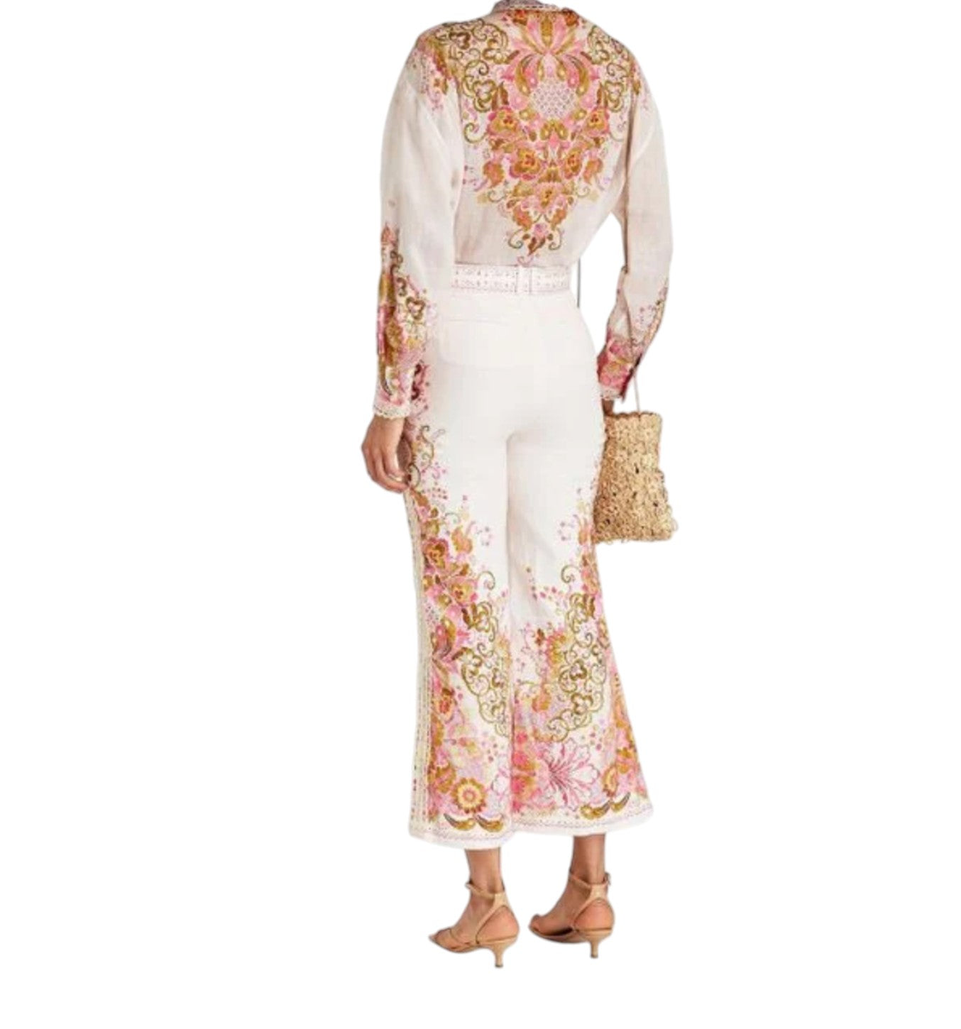 Zimmermann Laurel Cropped Flare Pant | Pink/Off-White Floral, High Waist, Linen