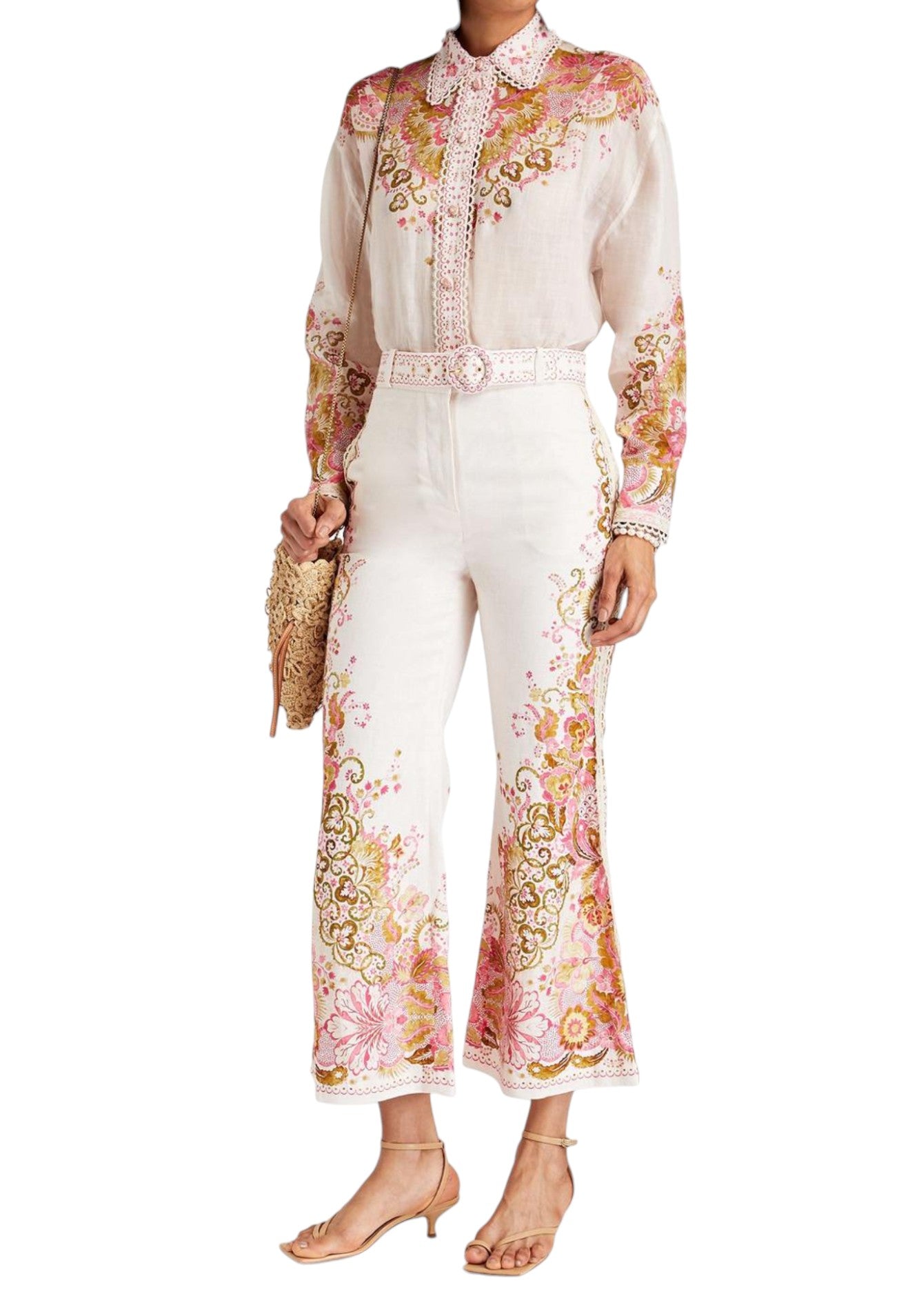 Zimmermann Laurel Cropped Flare Pant | Pink/Off-White Floral, High Waist, Linen