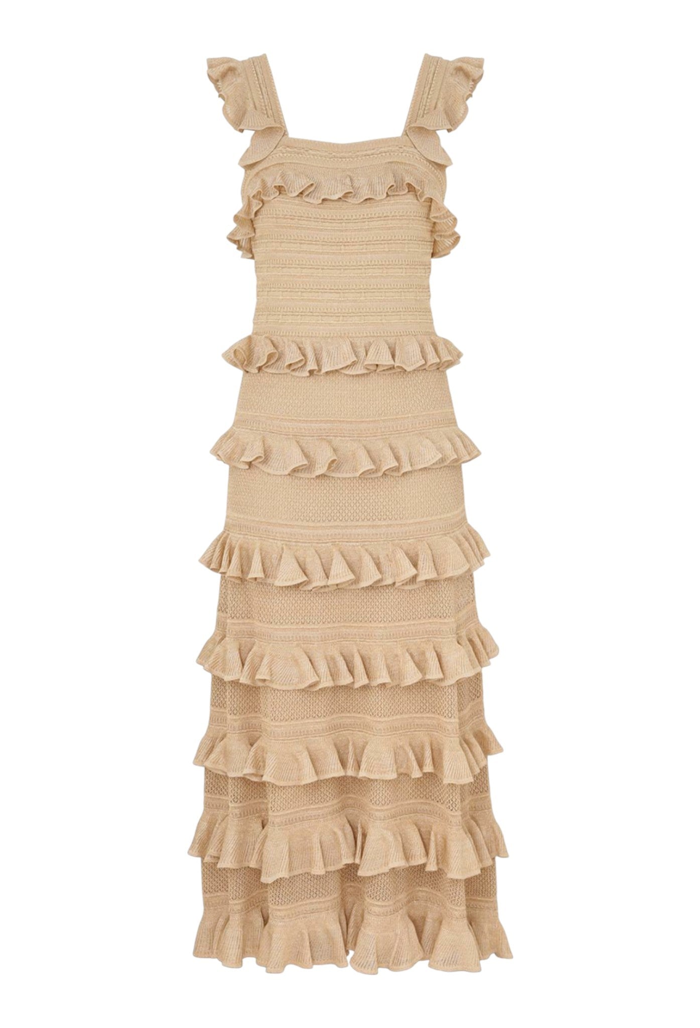 Zimmermann Illuminate Lace Frill Midi Dress | Metallic Gold/Beige, Knit, Tiered