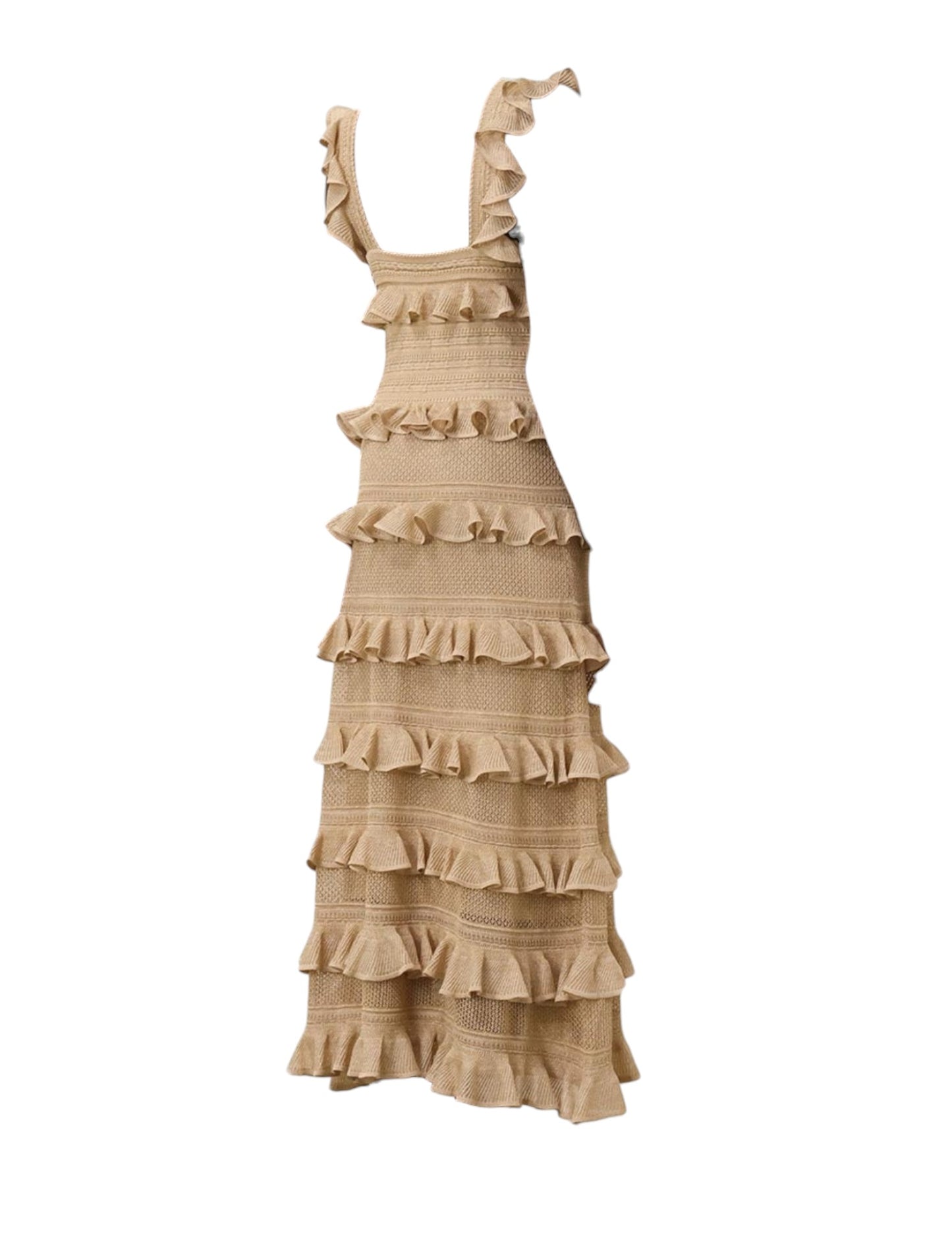 Zimmermann Illuminate Lace Frill Midi Dress | Metallic Gold/Beige, Knit, Tiered
