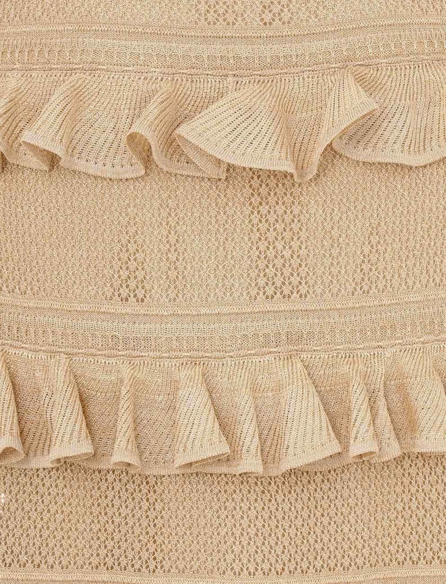 Zimmermann Illuminate Lace Frill Midi Dress | Metallic Gold/Beige, Knit, Tiered