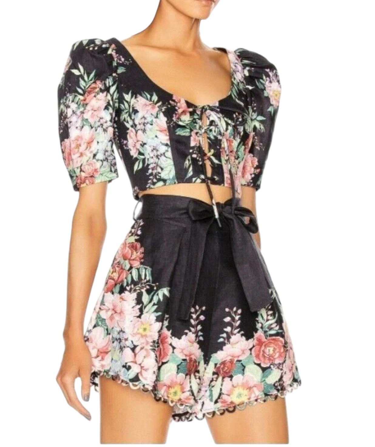 Zimmermann Bellitude Laced Crop Top | Black Floral Linen, Puff Sleeves, Lace Up