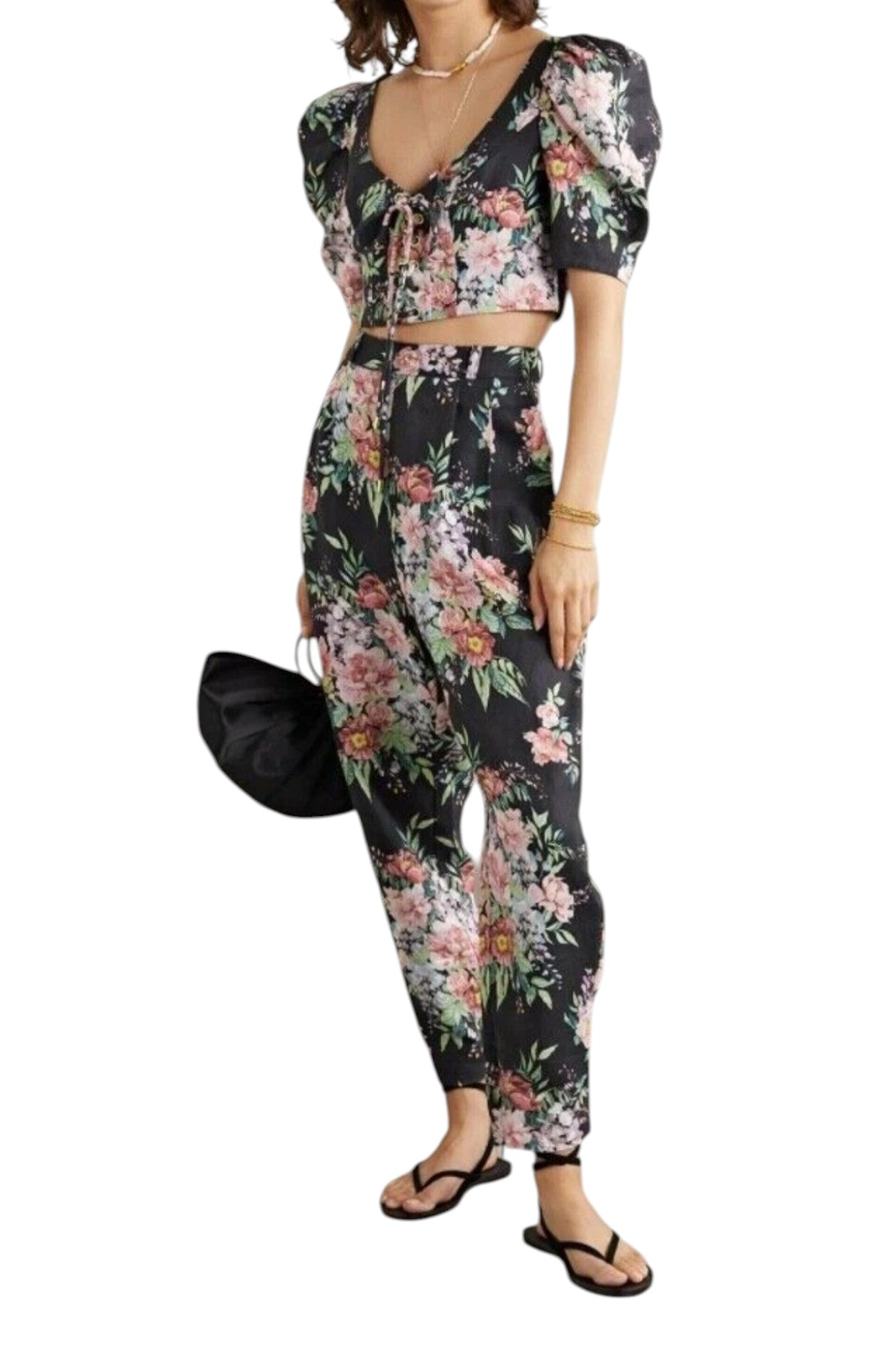 Zimmermann Bellitude Laced Crop Top | Black Floral Linen, Puff Sleeves, Lace Up