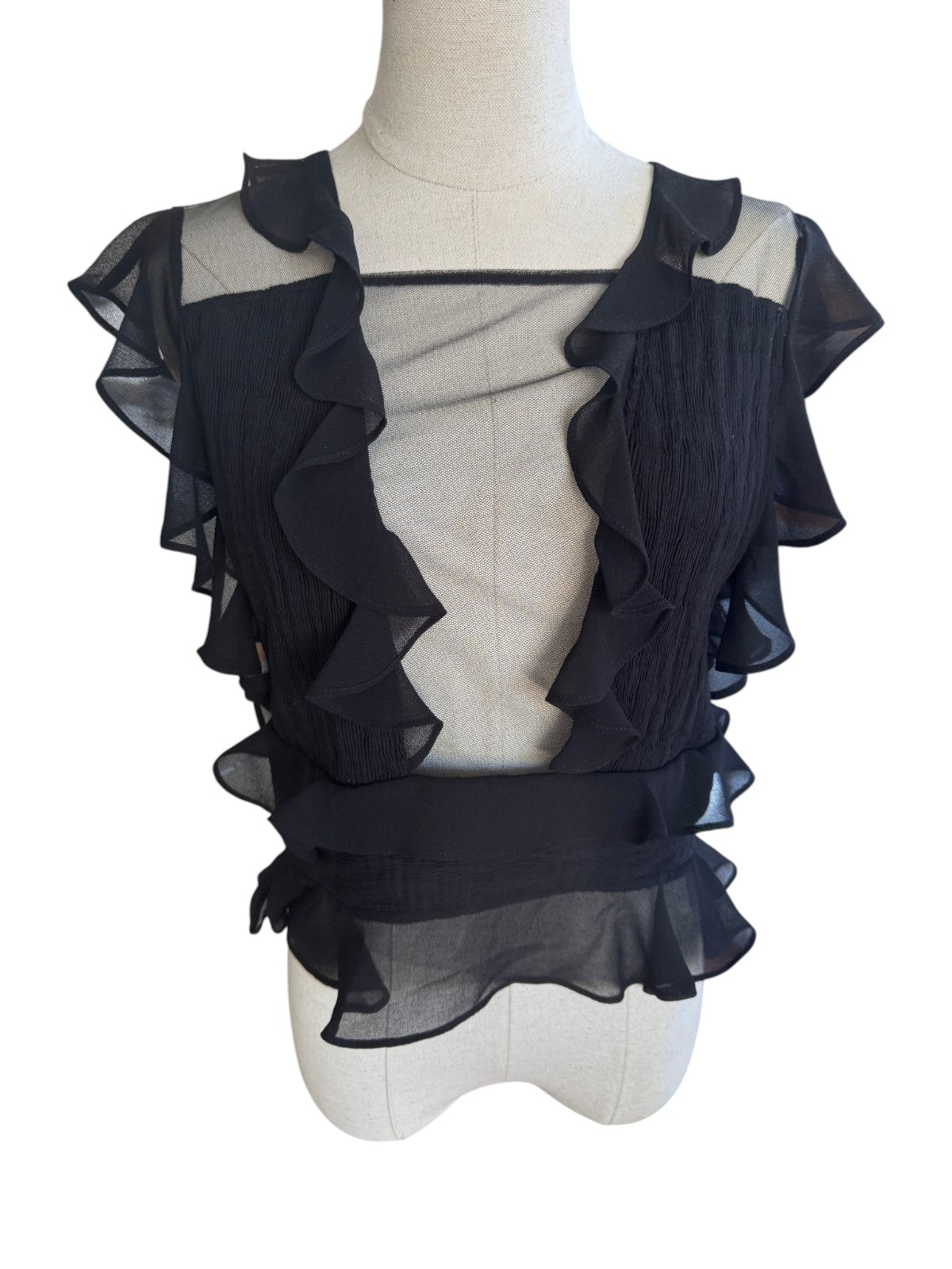 Naked Pear Shakuhachi black pleated mesh top with feminine ruffles and sheer frill detailing on a mannequin