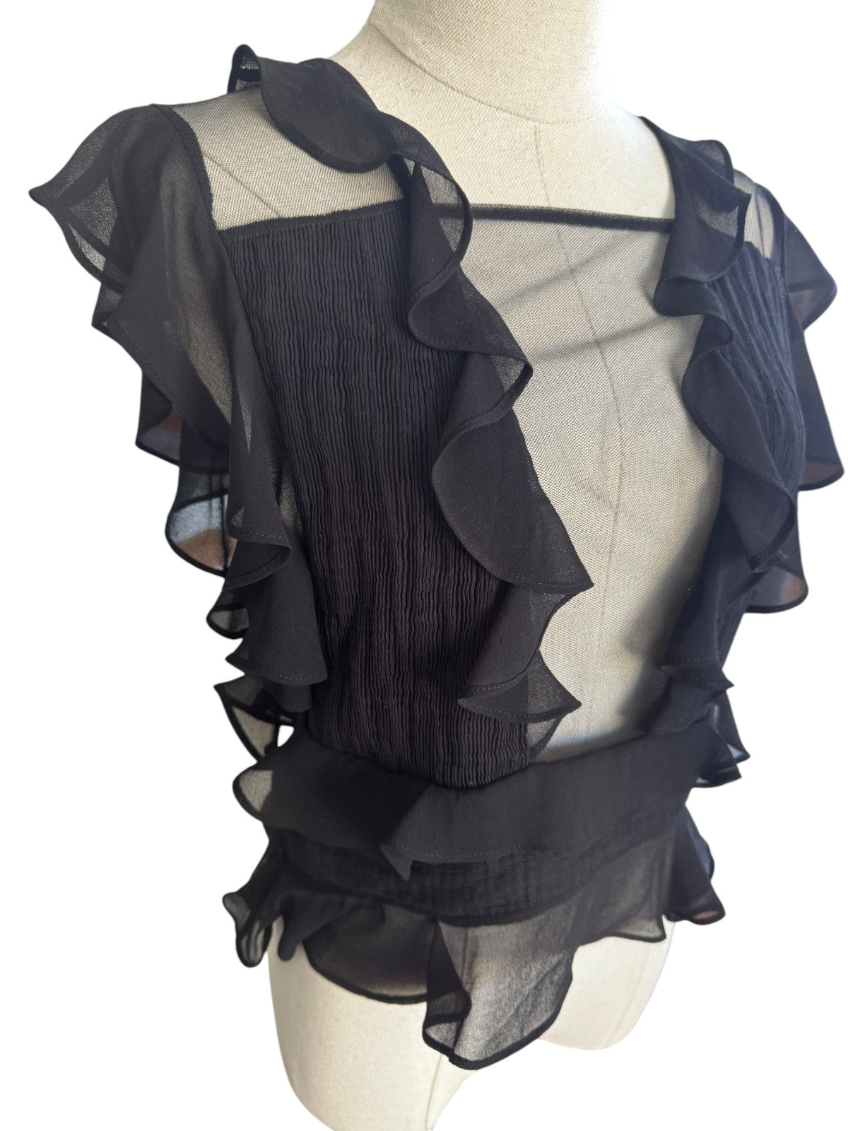 Naked Pear Shakuhachi black pleated mesh top with feminine ruffles and sheer inserts on a mannequin
