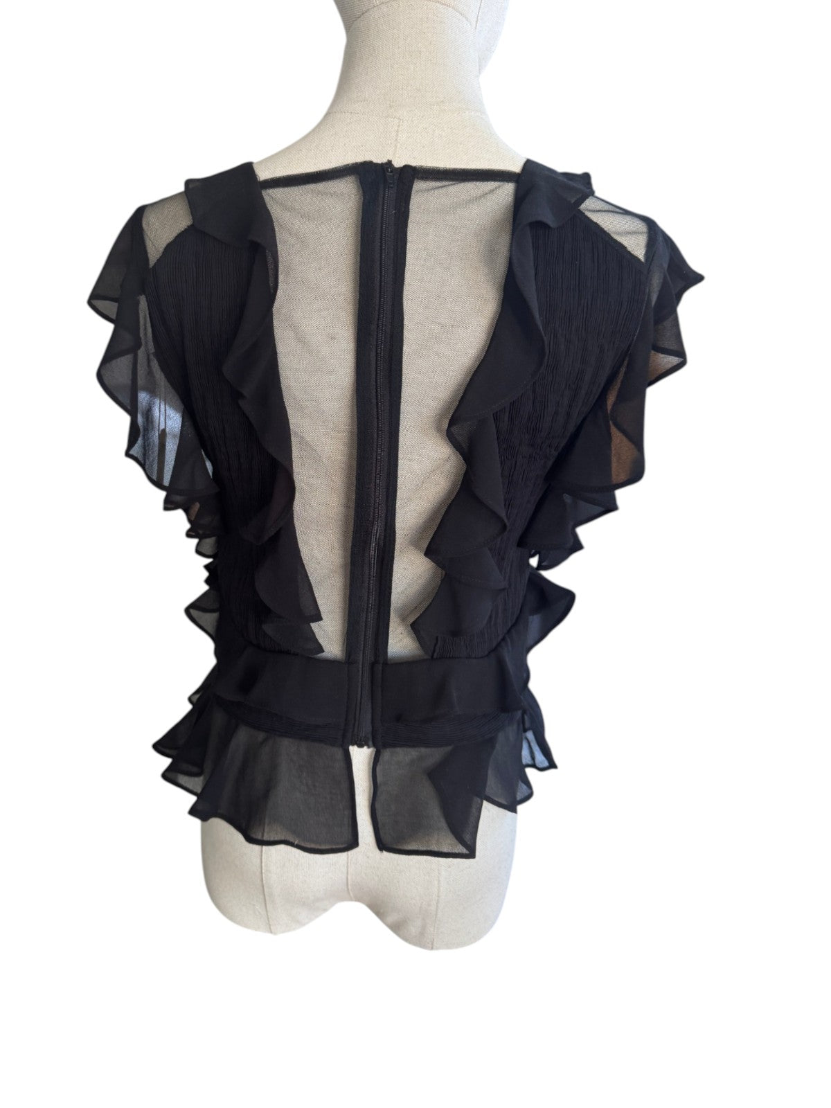 Naked Pear black pleated mesh top with ruffled frill details and back zip closure on a mannequin