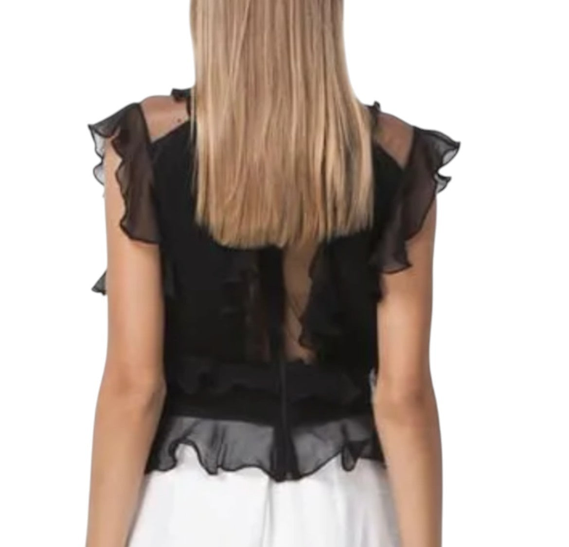Naked Pear Shakuhachi black pleated mesh top with ruffle frills and back zip closure worn by a blonde model