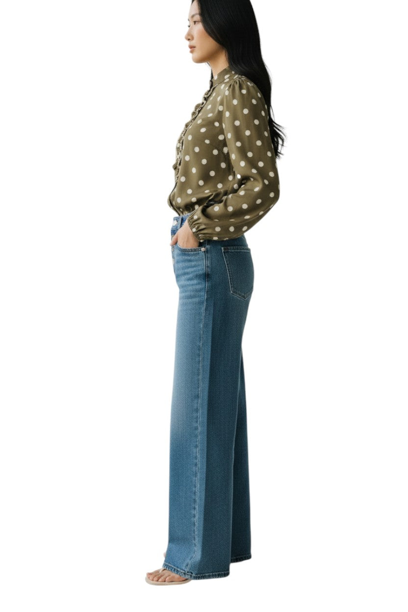 Zimmermann Frill Blouse | Khaki Olive/Cream Polka Dot, Spun Silk, Dolman Sleeves